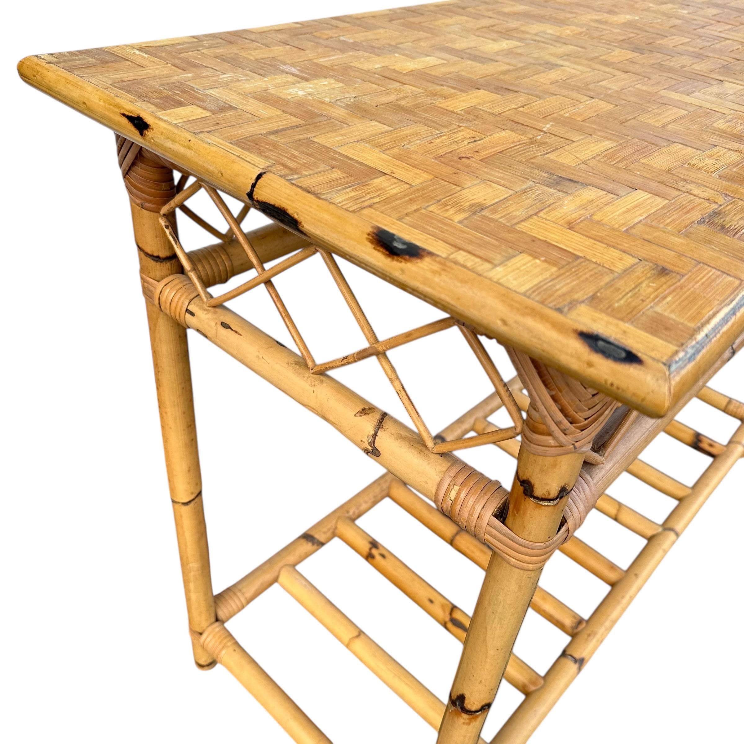 Vintage Bamboo Console Table 43” - Herringbone Rattan Wicker Entry Sofa Hollywood Regency Coastal Boho Chic Furniture - Thumbnail 5