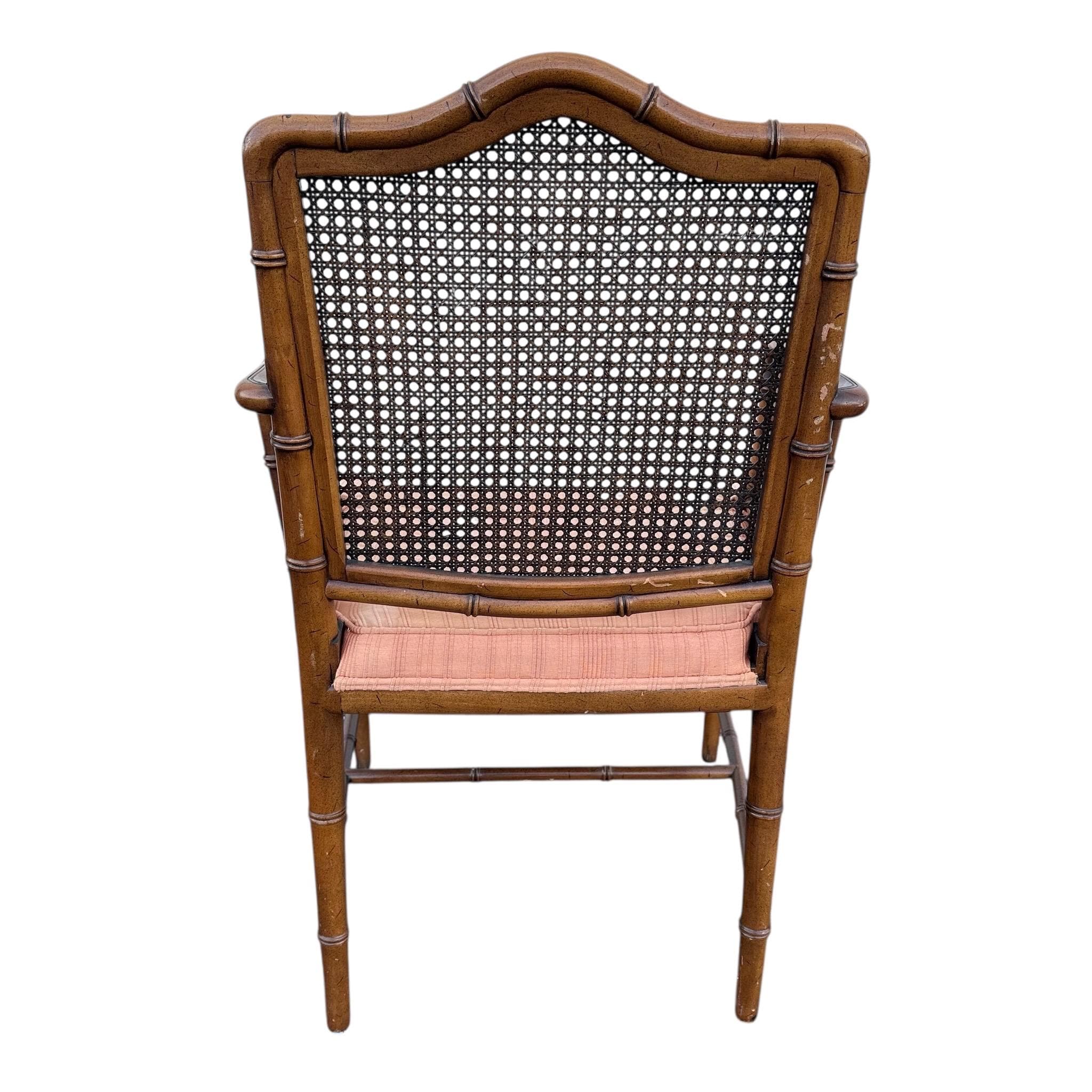 Vintage Chinese Chippendale Arm Chair - Faux Bamboo, Rattan Cane Back, Brown Wood, Hollywood Regency Chinoiserie Fretwork - Thumbnail 6