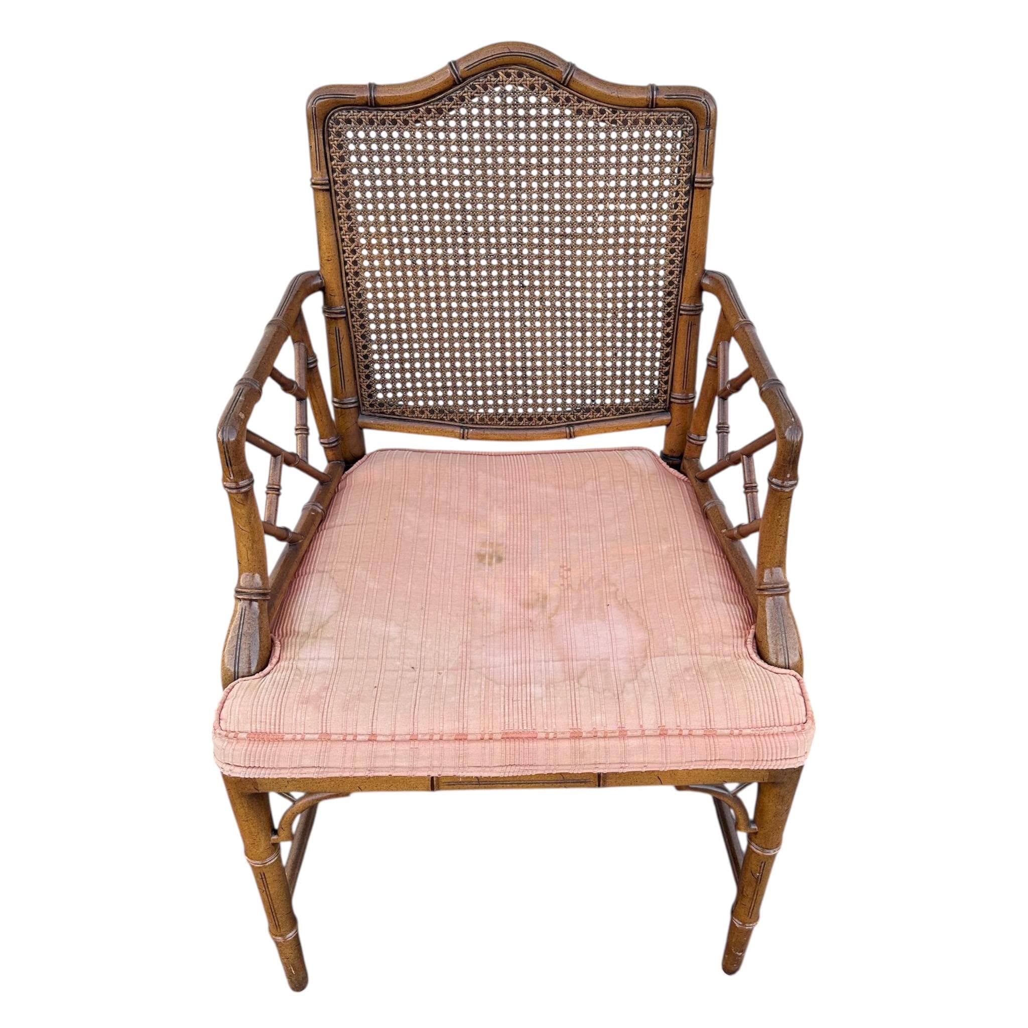 Vintage Chinese Chippendale Arm Chair - Faux Bamboo, Rattan Cane Back, Brown Wood, Hollywood Regency Chinoiserie Fretwork - Thumbnail 4
