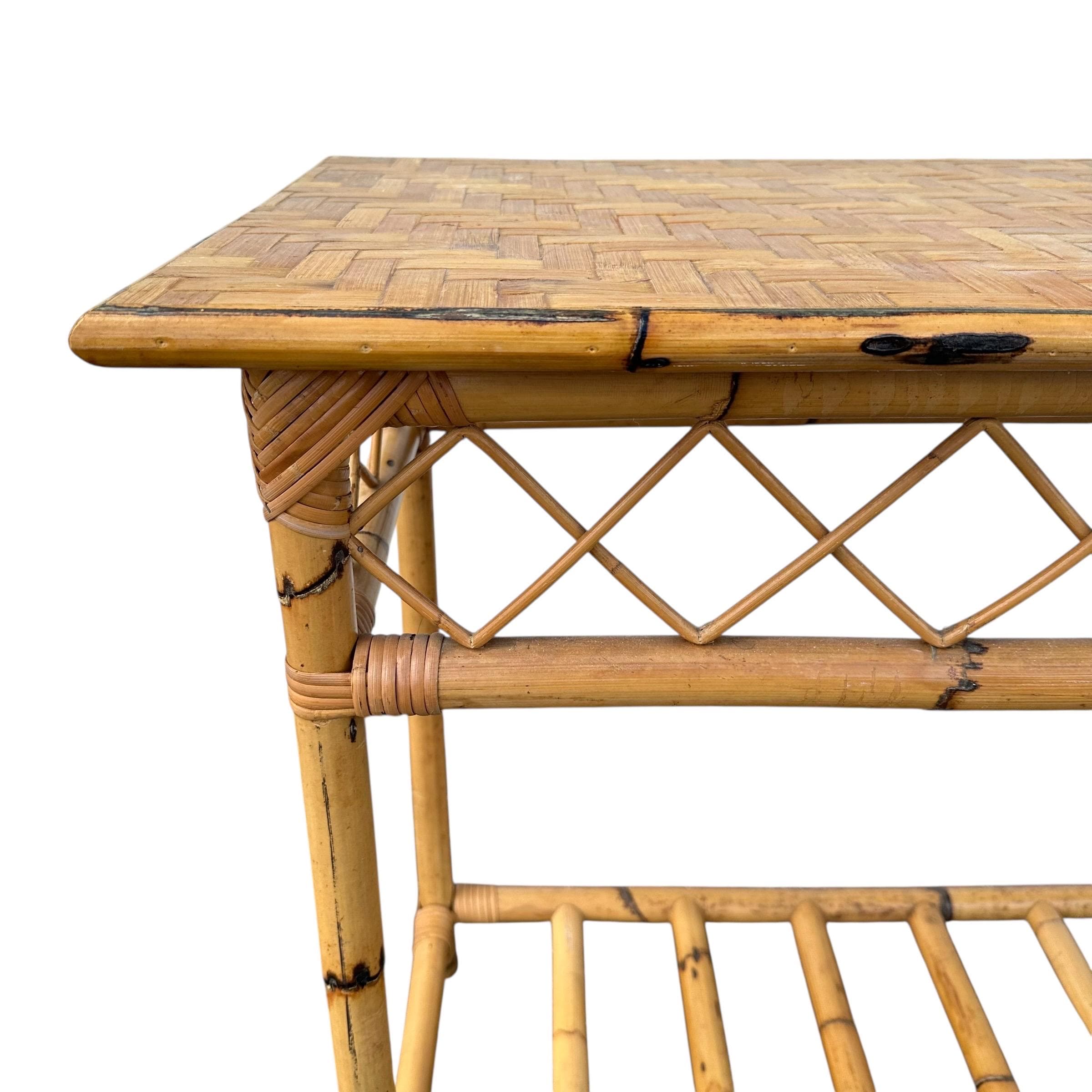 Vintage Bamboo Console Table 43” - Herringbone Rattan Wicker Entry Sofa Hollywood Regency Coastal Boho Chic Furniture - Thumbnail 4