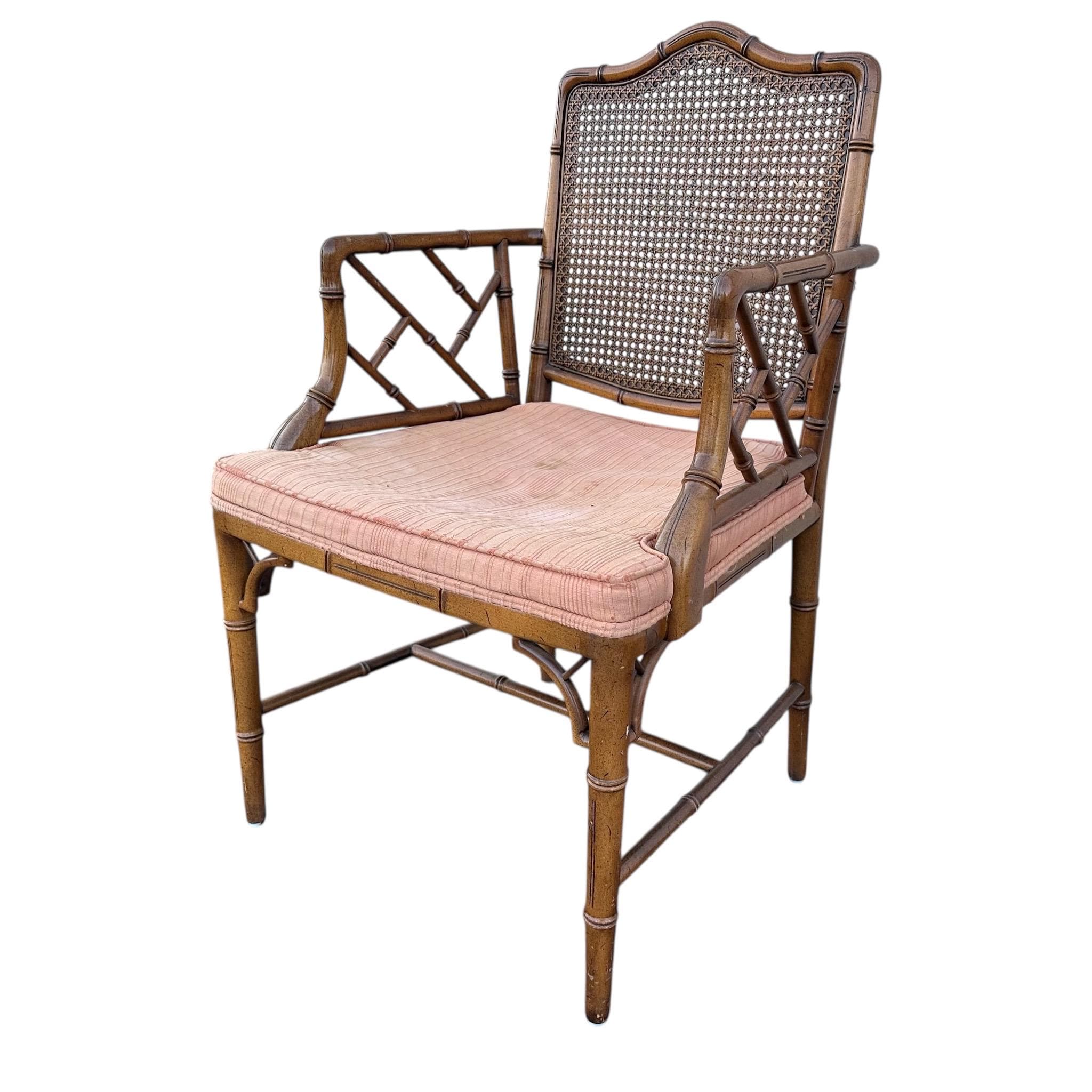 Vintage Chinese Chippendale Arm Chair - Faux Bamboo, Rattan Cane Back, Brown Wood, Hollywood Regency Chinoiserie Fretwork - Thumbnail 2