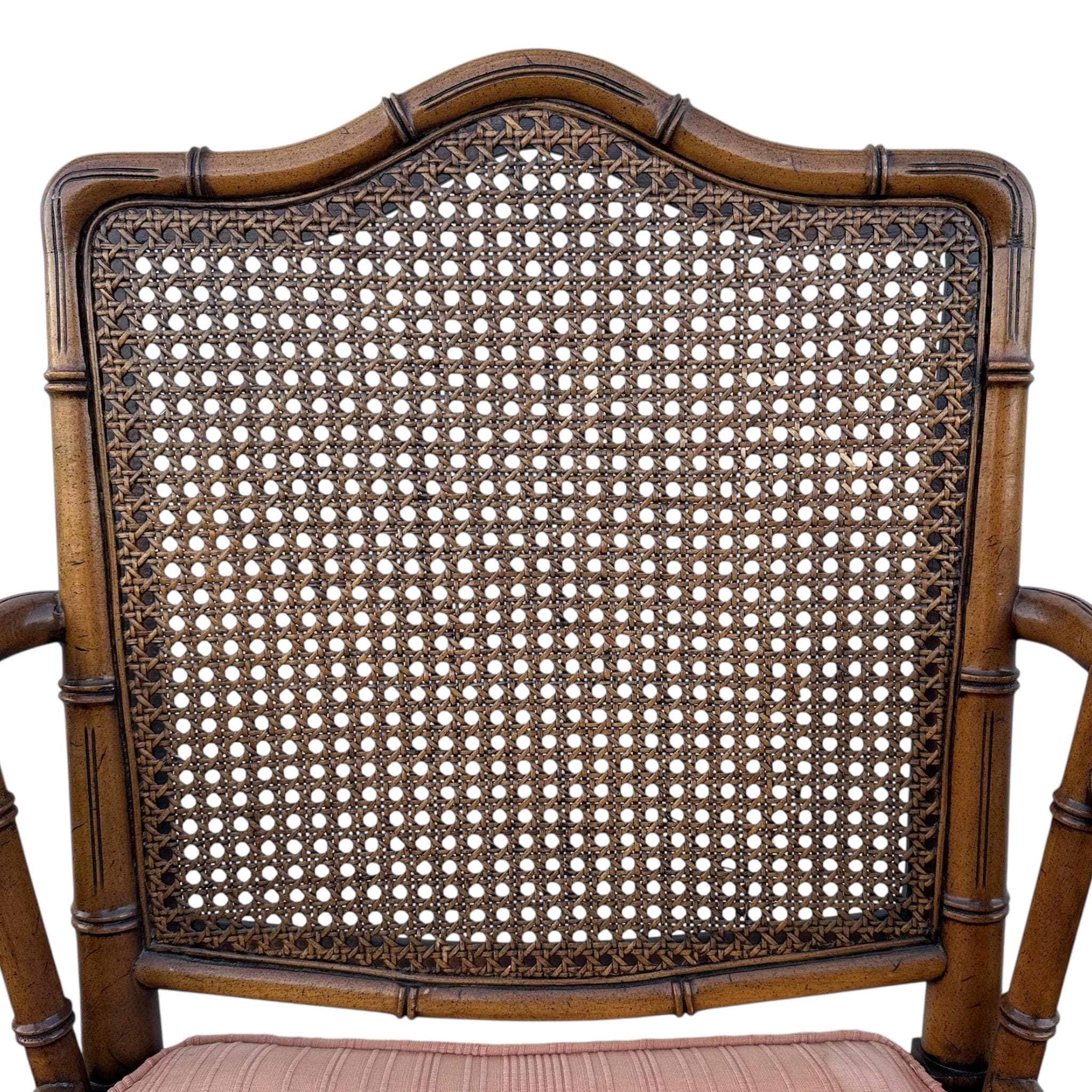 Vintage Chinese Chippendale Arm Chair - Faux Bamboo, Rattan Cane Back, Brown Wood, Hollywood Regency Chinoiserie Fretwork - Thumbnail 5