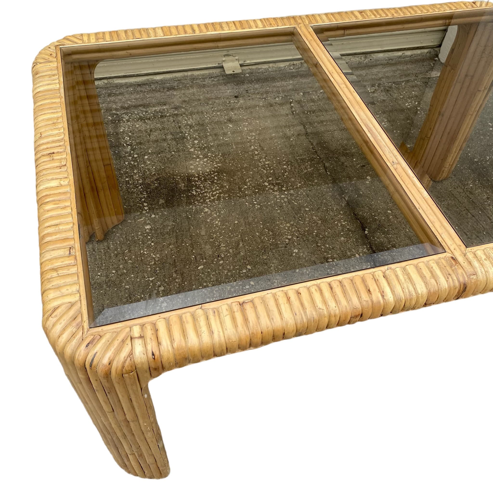 Vintage Split Bamboo Dining Table with Glass Top - 59" Rectangular Boho Coastal Waterfall Edge Rattan Style - Thumbnail 4