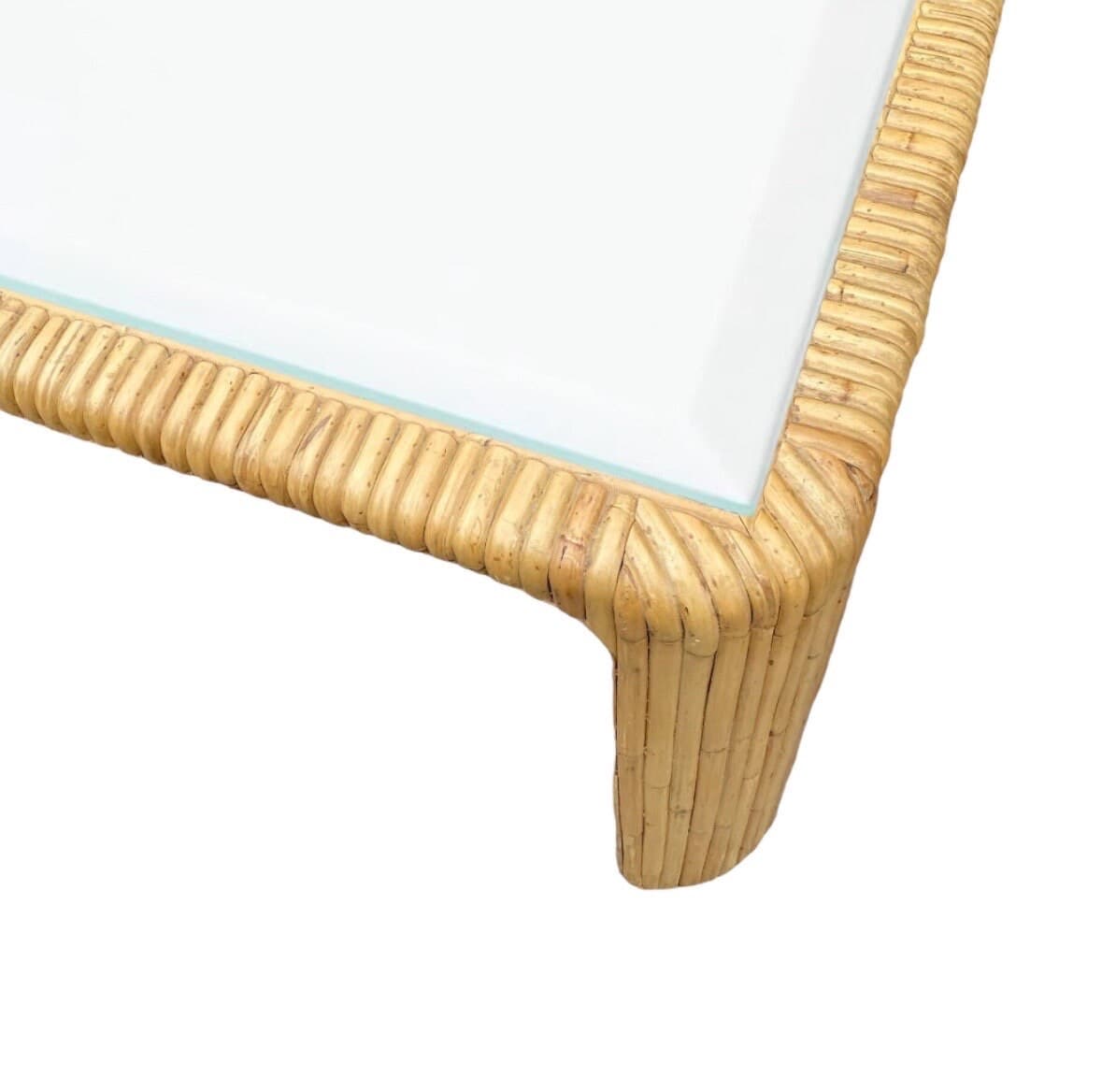 Vintage Split Bamboo Dining Table with Glass Top - 59" Rectangular Boho Coastal Waterfall Edge Rattan Style - Thumbnail 7