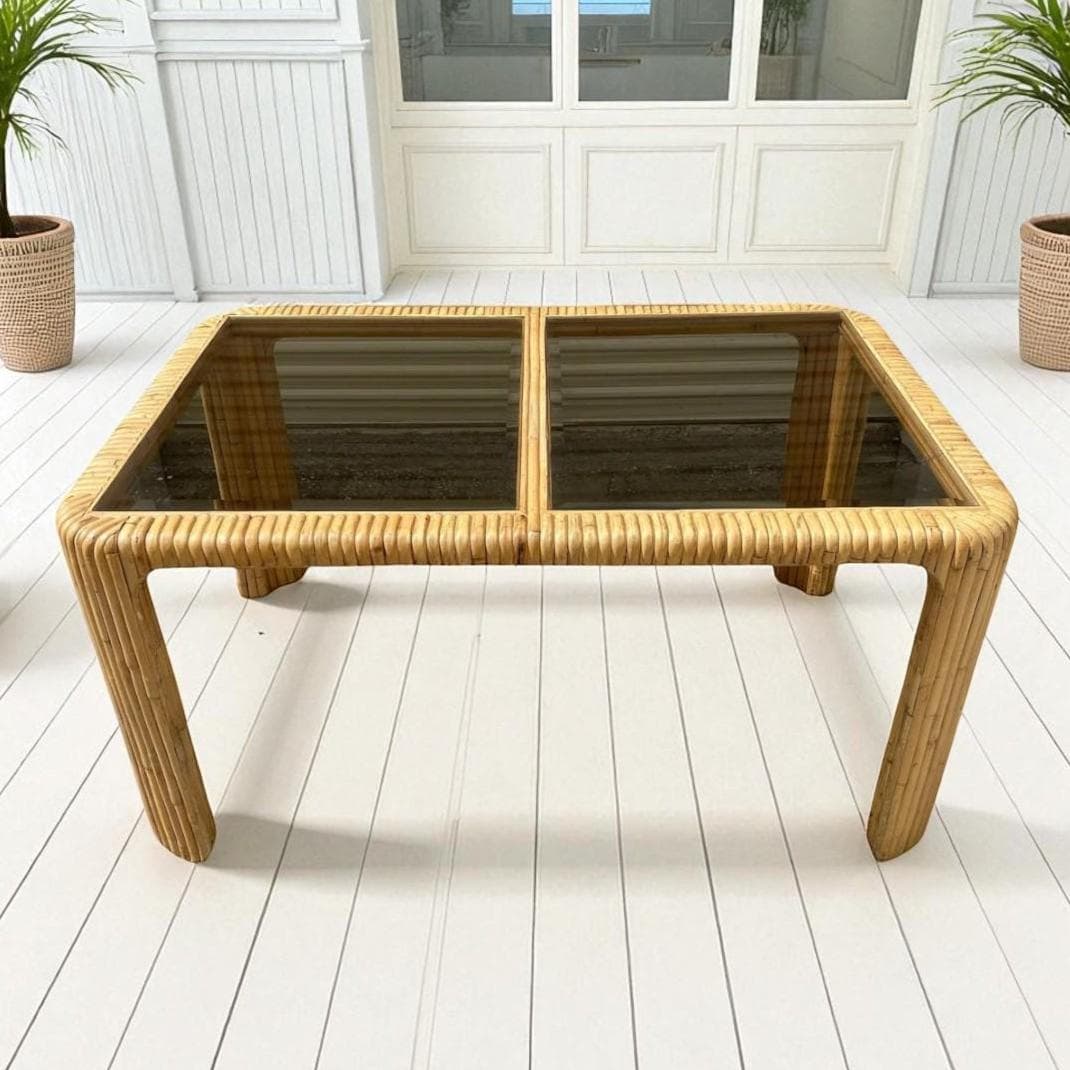 Vintage Split Bamboo Dining Table with Glass Top - 59" Rectangular Boho Coastal Waterfall Edge Rattan Style - Image 1