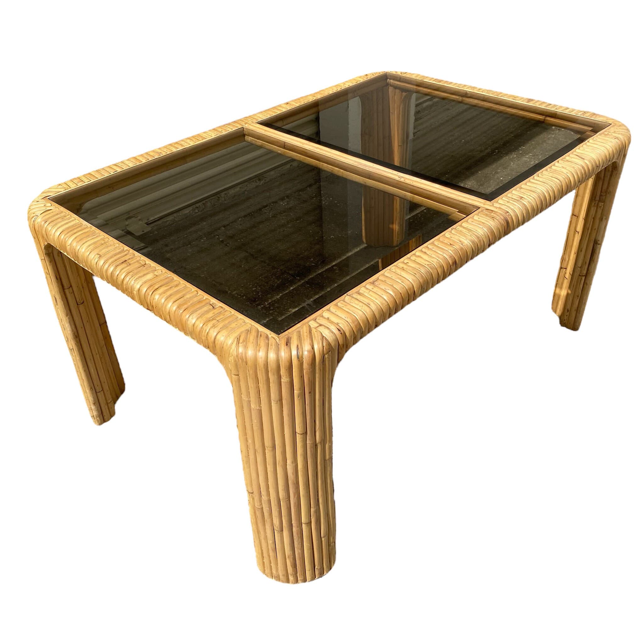 Vintage Split Bamboo Dining Table with Glass Top - 59" Rectangular Boho Coastal Waterfall Edge Rattan Style - Thumbnail 2