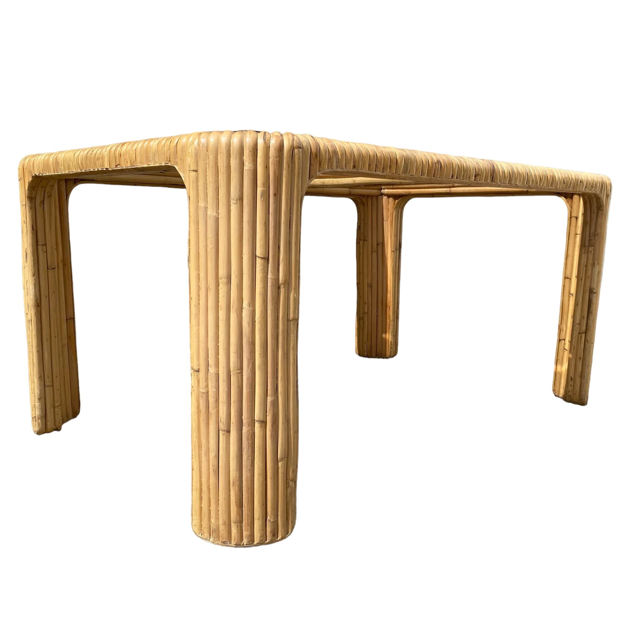 Vintage Split Bamboo Dining Table with Glass Top - 59" Rectangular Boho Coastal Waterfall Edge Rattan Style - Thumbnail 3