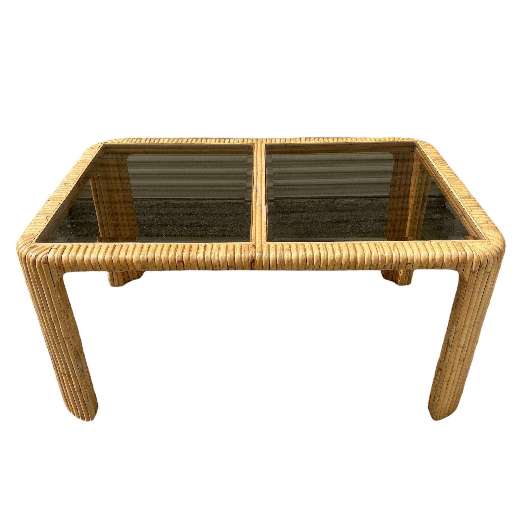 Vintage Split Bamboo Dining Table with Glass Top - 59" Rectangular Boho Coastal Waterfall Edge Rattan Style - Thumbnail 10