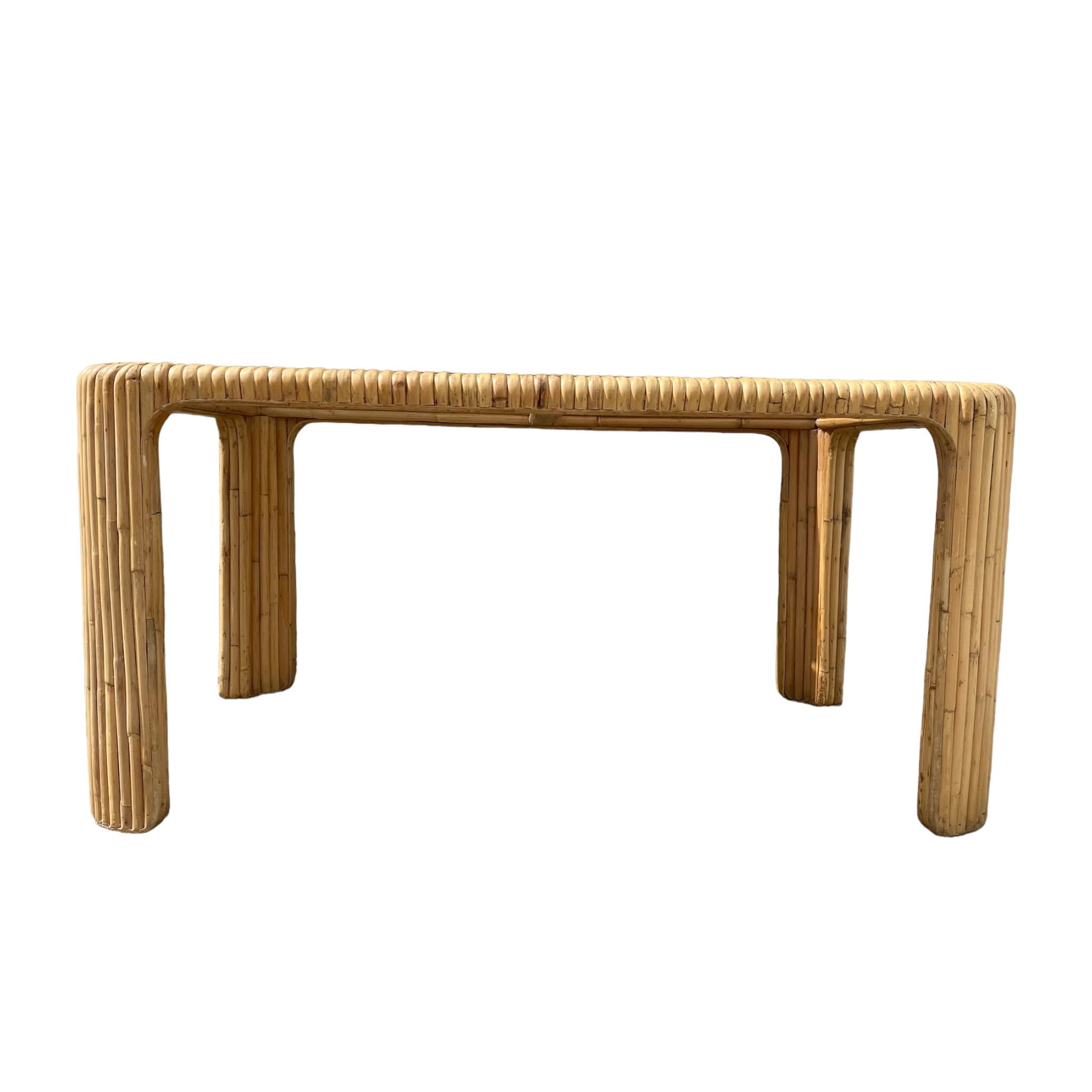 Vintage Split Bamboo Dining Table with Glass Top - 59" Rectangular Boho Coastal Waterfall Edge Rattan Style - Thumbnail 9