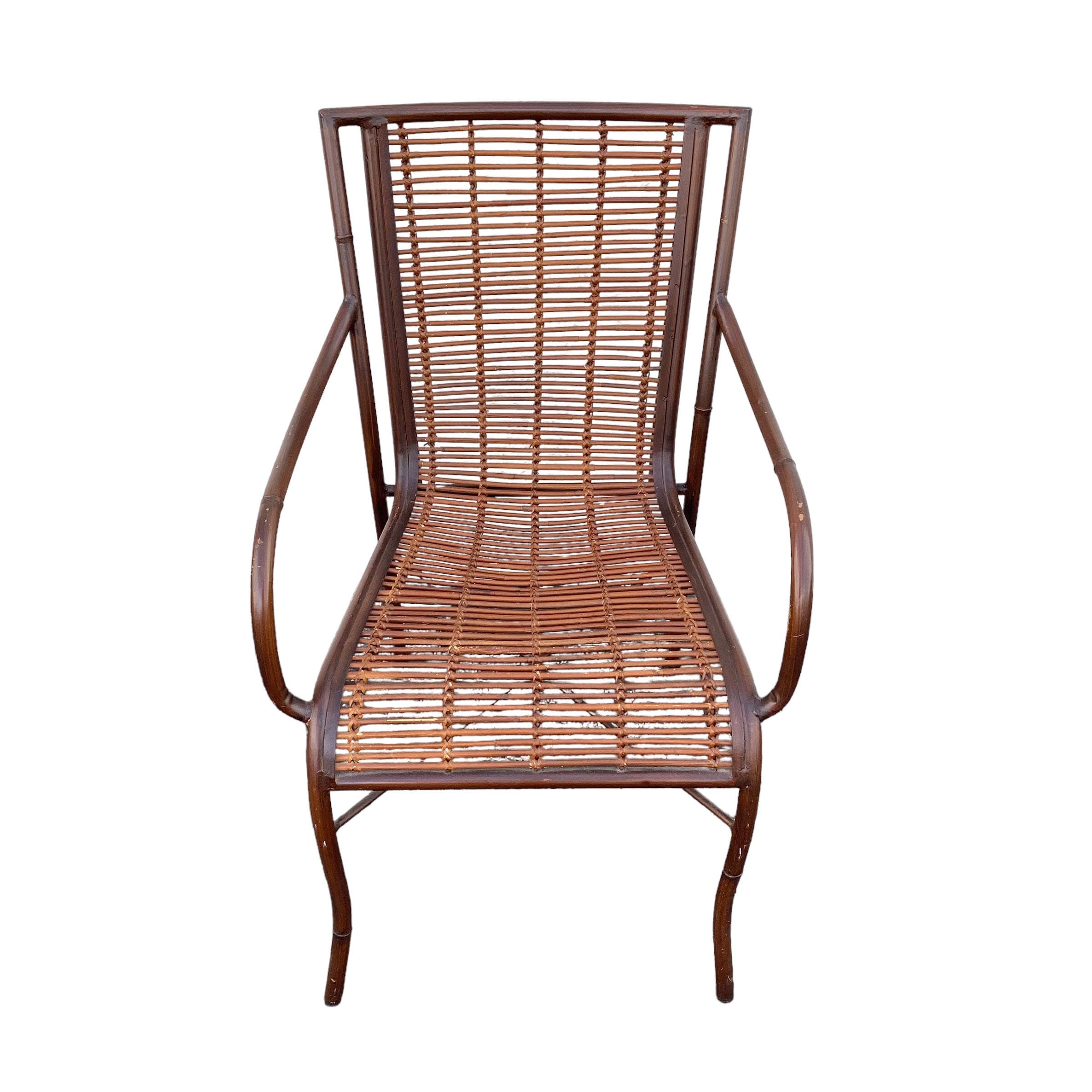 Vintage Rattan Arm Chair - Brown Metal and Bamboo Reed Wood Hollywood Regency Coastal Modern Armchair - Image 1