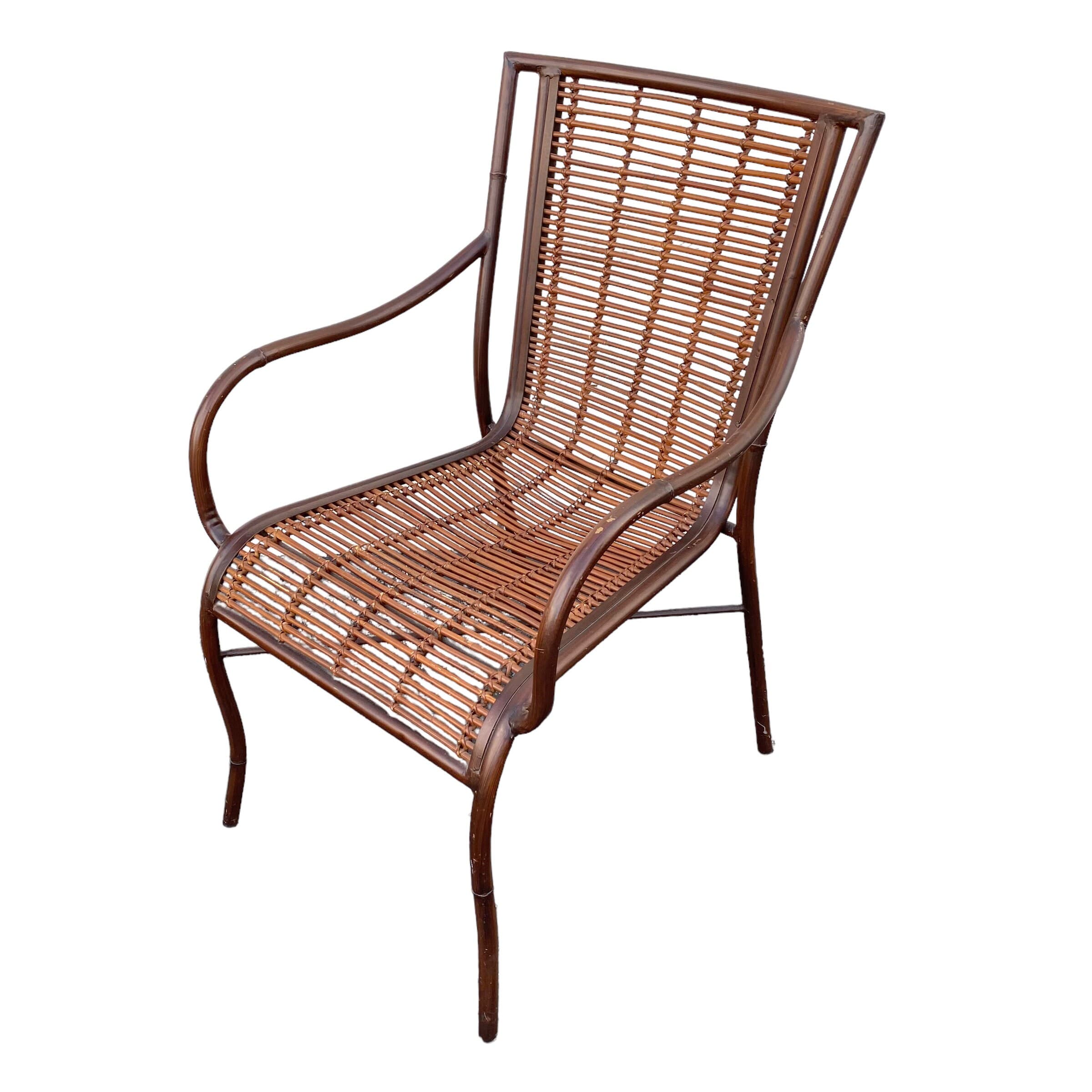 Vintage Rattan Arm Chair - Brown Metal and Bamboo Reed Wood Hollywood Regency Coastal Modern Armchair - Thumbnail 5
