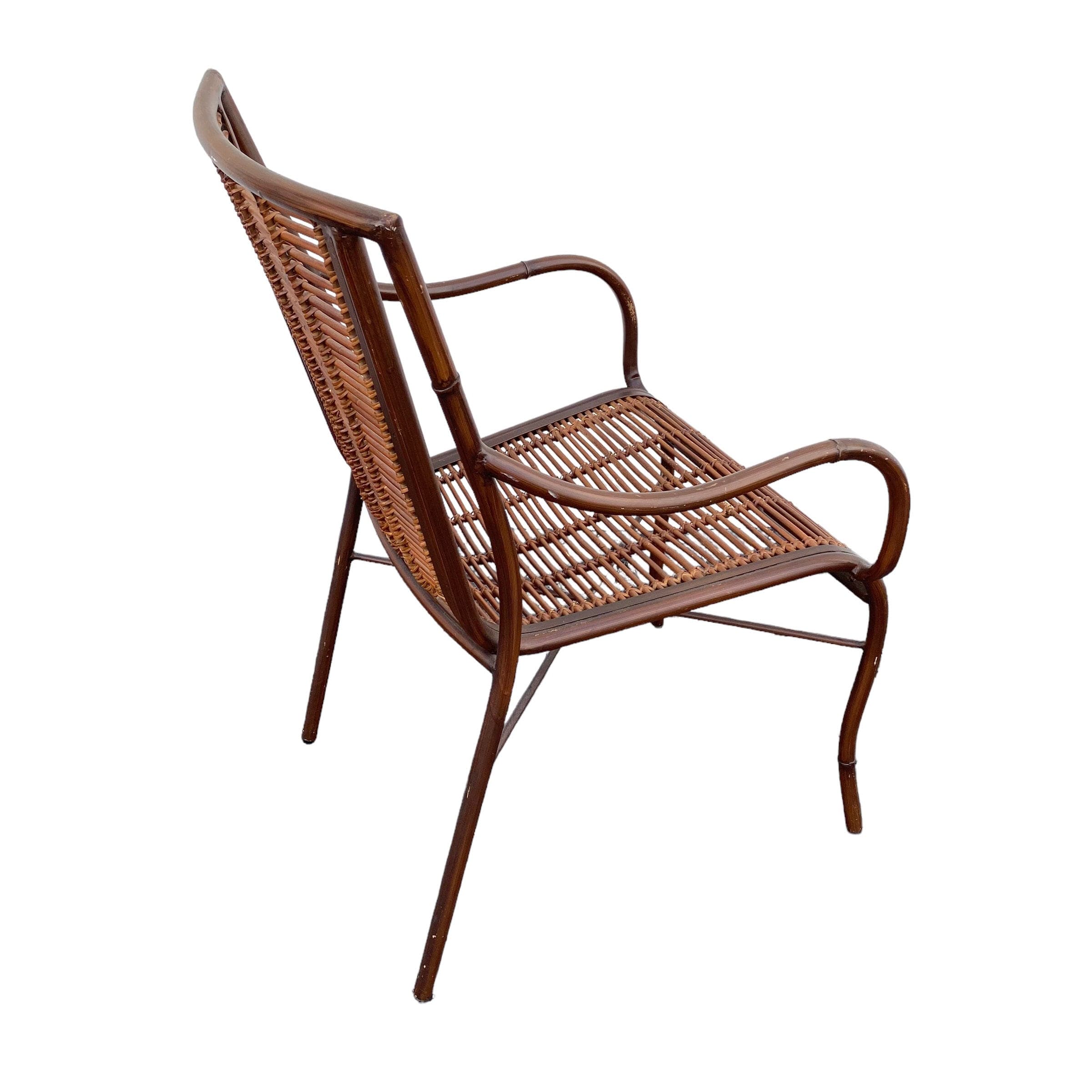 Vintage Rattan Arm Chair - Brown Metal and Bamboo Reed Wood Hollywood Regency Coastal Modern Armchair - Thumbnail 7