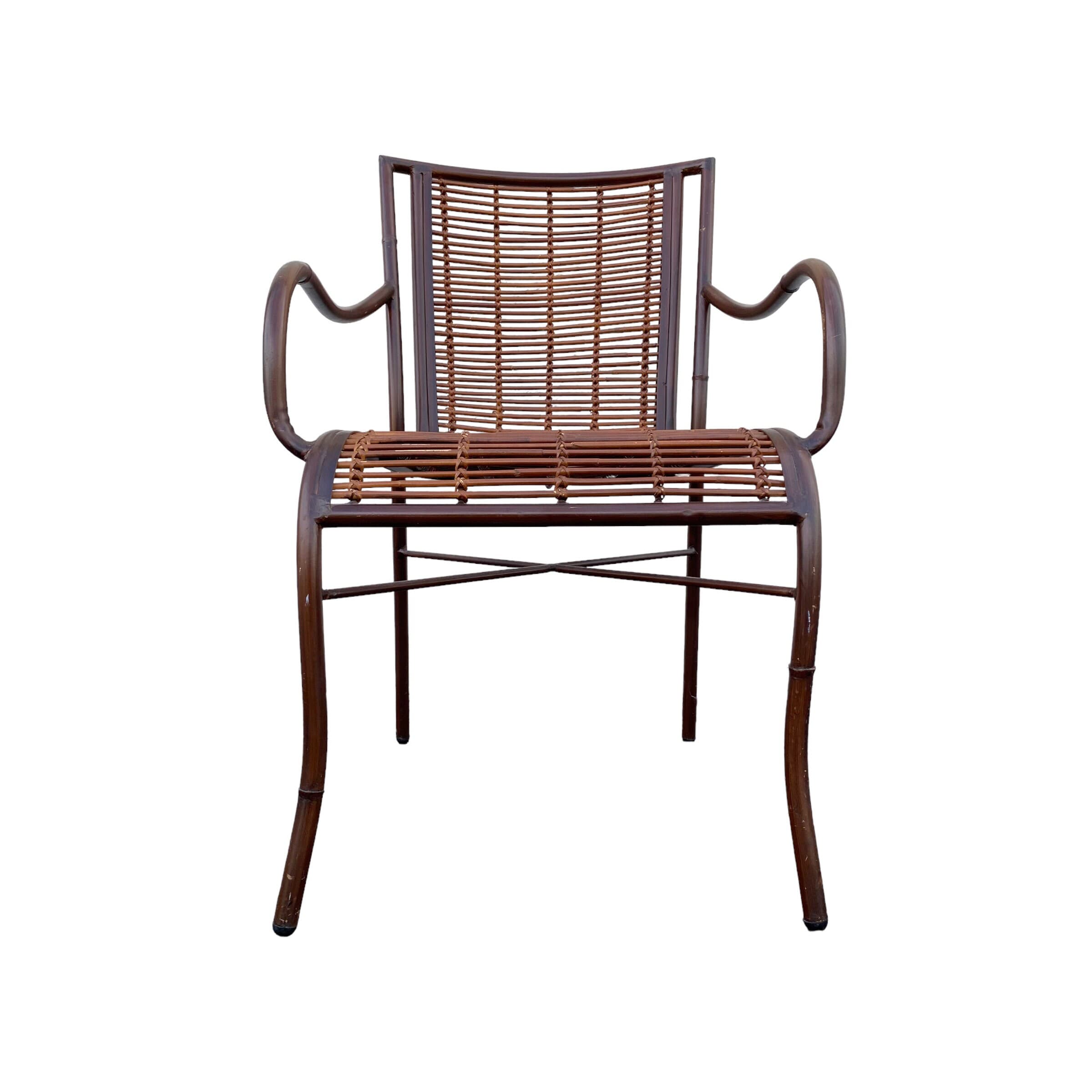 Vintage Rattan Arm Chair - Brown Metal and Bamboo Reed Wood Hollywood Regency Coastal Modern Armchair - Thumbnail 2