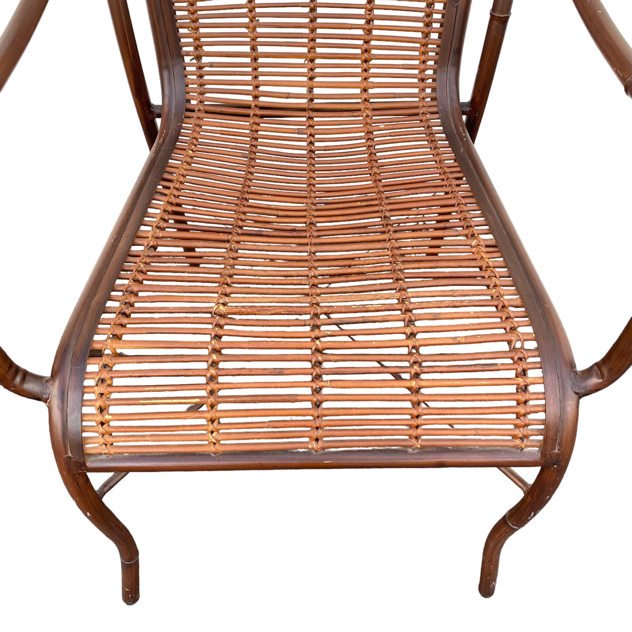 Vintage Rattan Arm Chair - Brown Metal and Bamboo Reed Wood Hollywood Regency Coastal Modern Armchair - Thumbnail 3