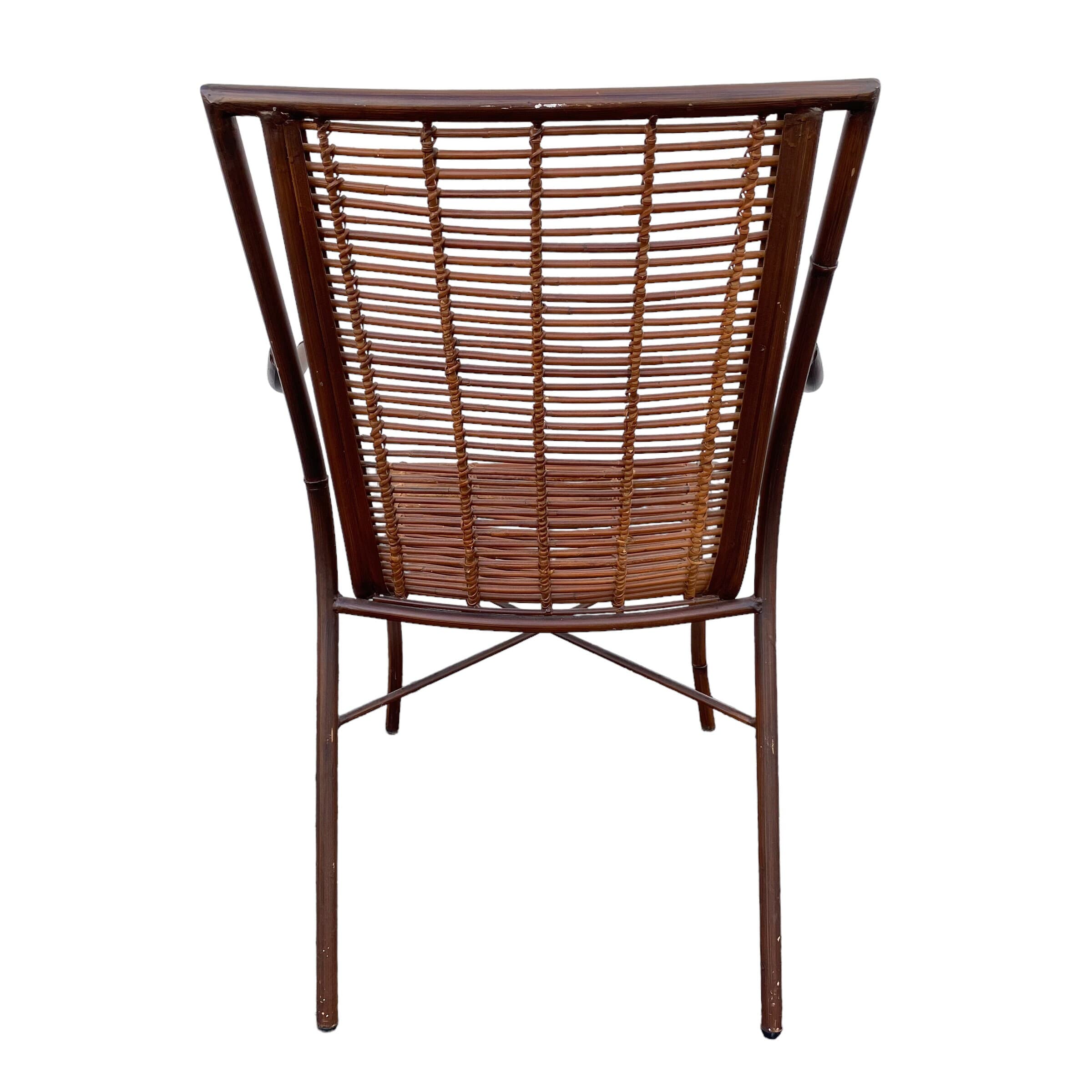 Vintage Rattan Arm Chair - Brown Metal and Bamboo Reed Wood Hollywood Regency Coastal Modern Armchair - Thumbnail 9