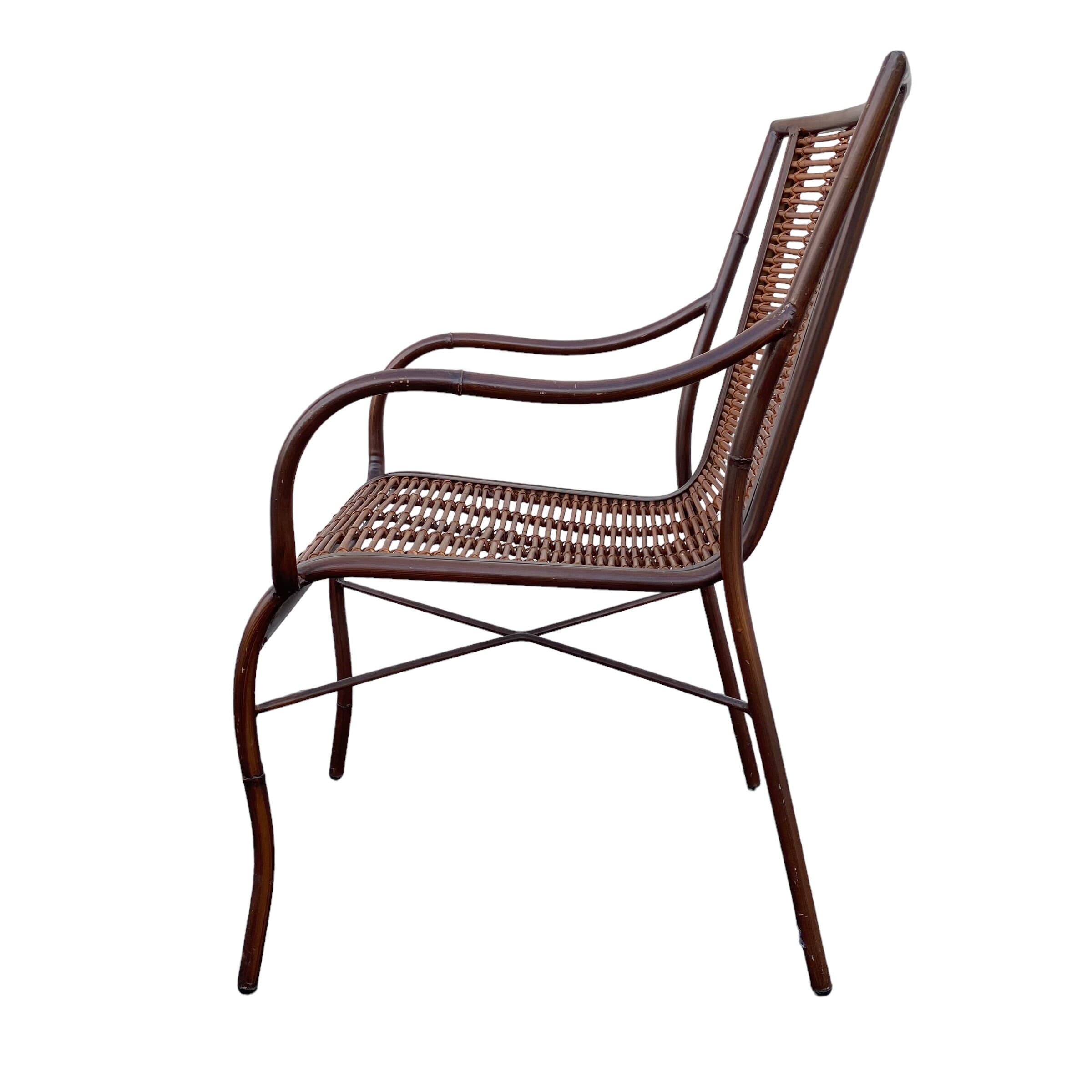 Vintage Rattan Arm Chair - Brown Metal and Bamboo Reed Wood Hollywood Regency Coastal Modern Armchair - Thumbnail 10