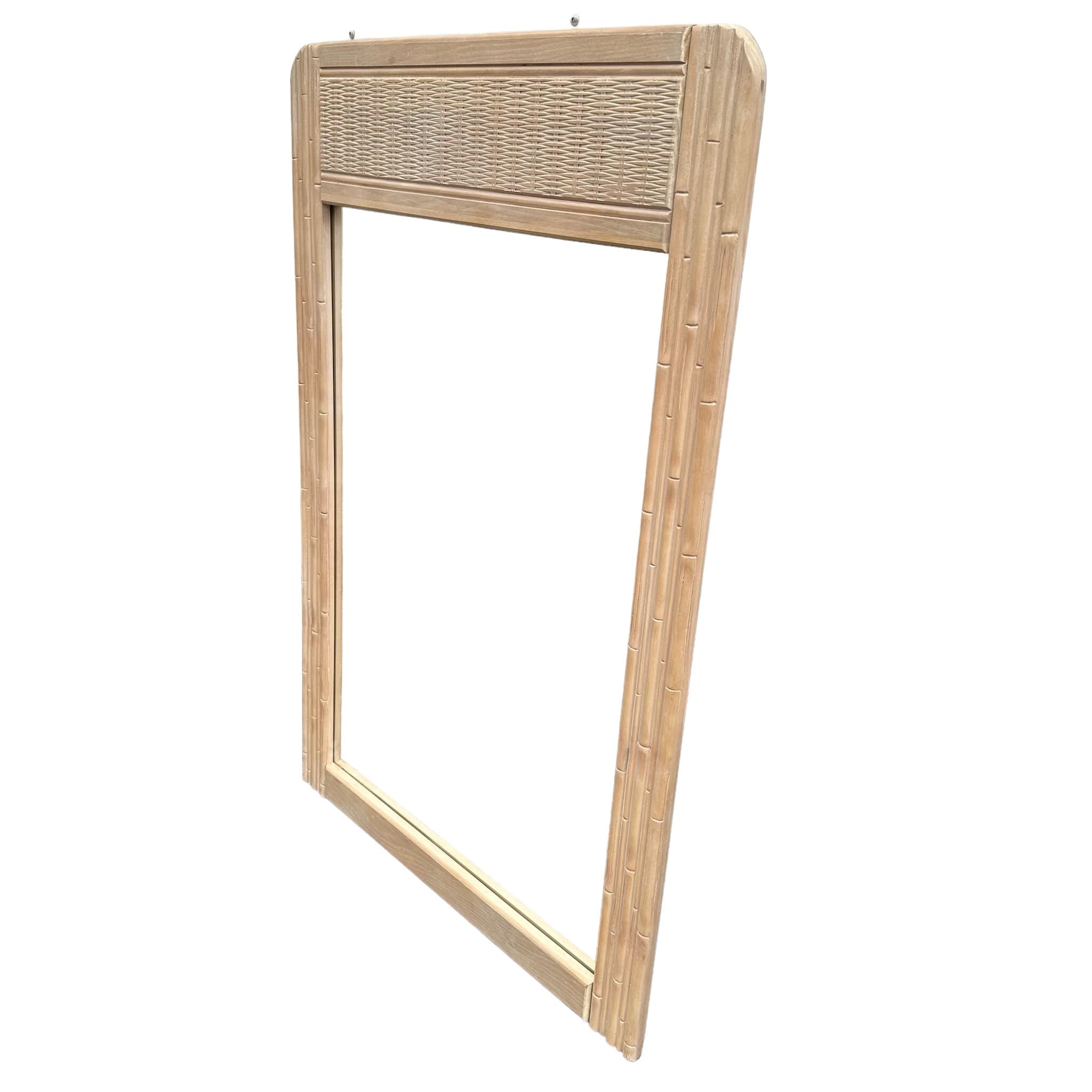 Faux Bamboo Mirror 43x29 LOCAL PICKUP Vintage White Wash Wood Coastal Hollywood Regency Rattan Style - Thumbnail 4