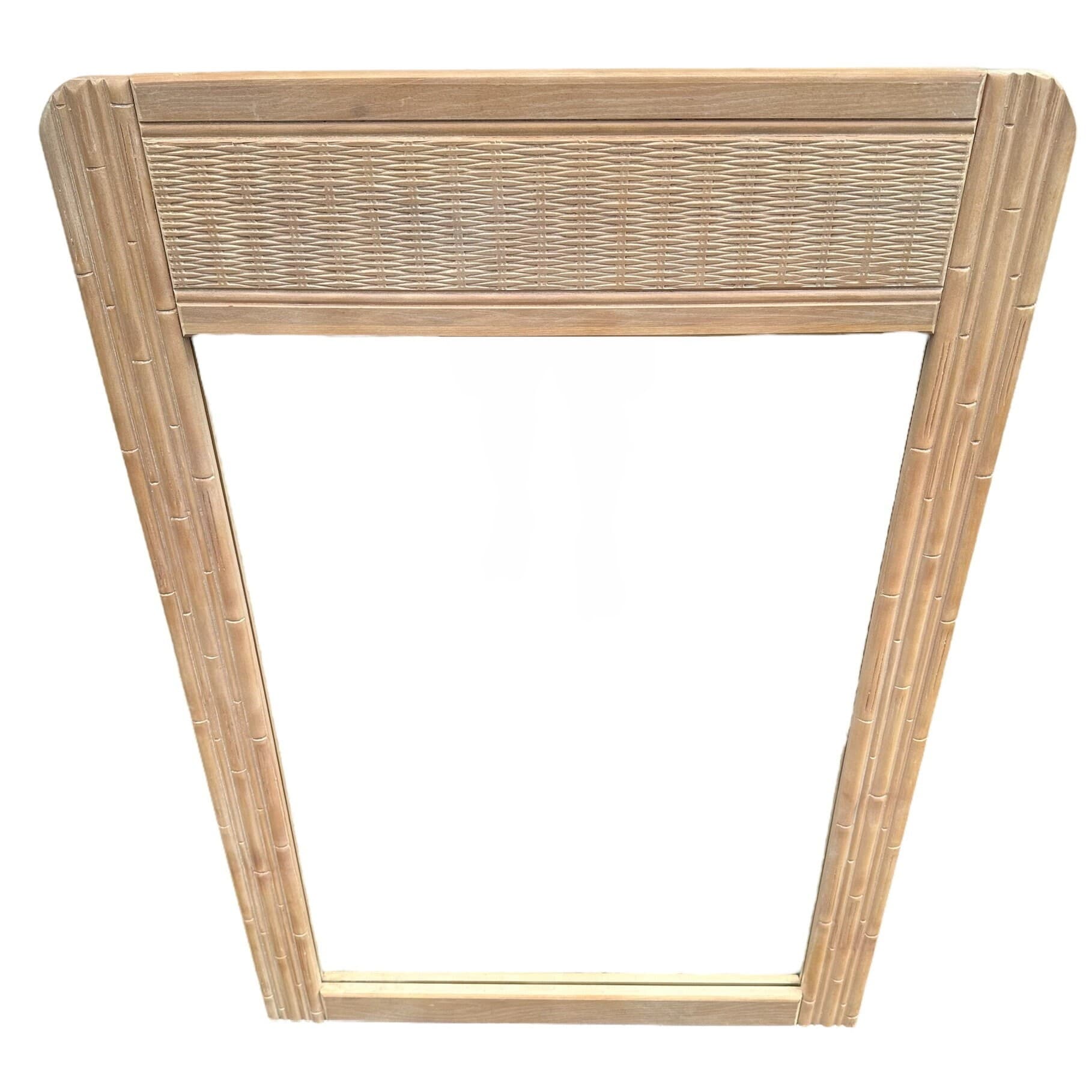 Faux Bamboo Mirror 43x29 LOCAL PICKUP Vintage White Wash Wood Coastal Hollywood Regency Rattan Style - Thumbnail 3