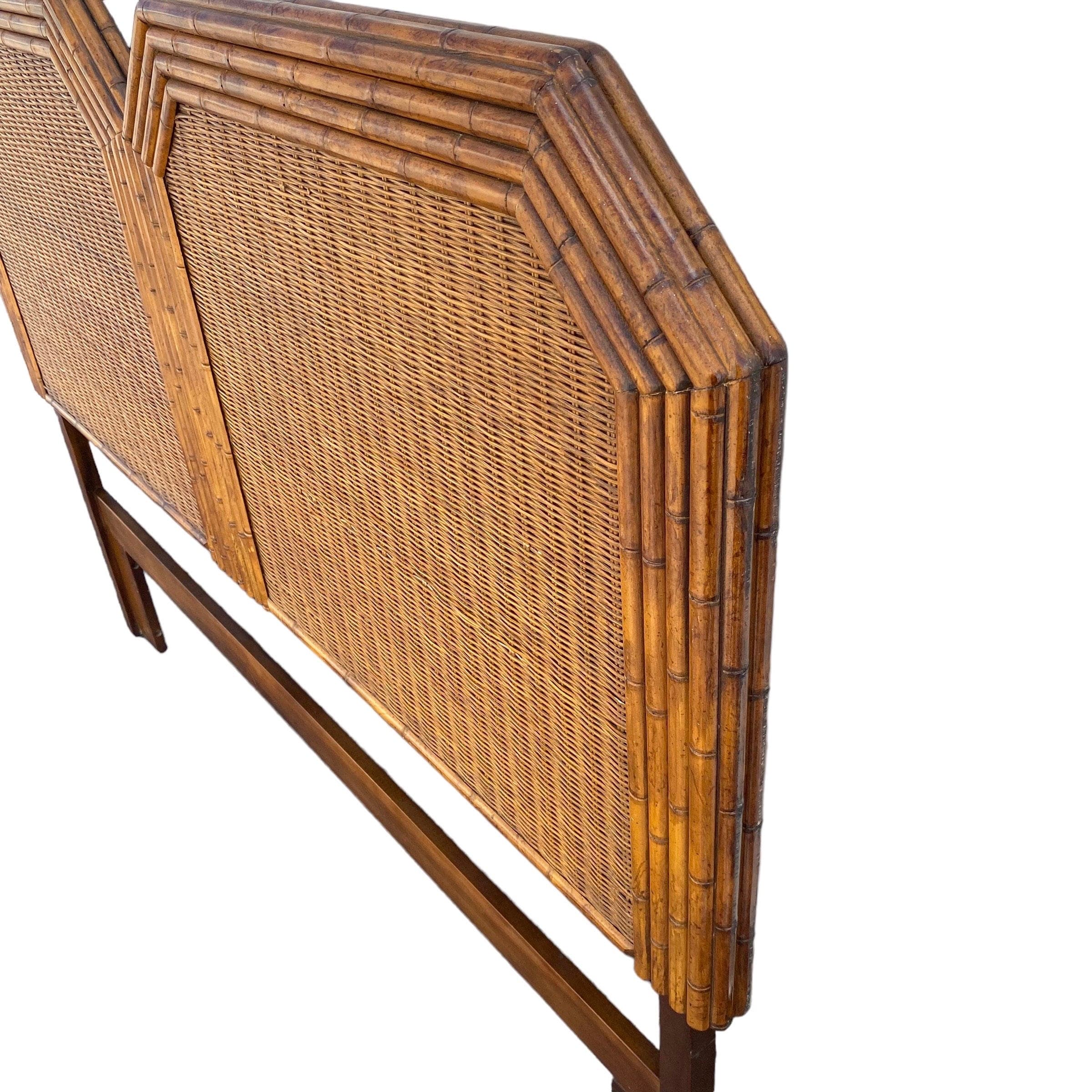 Rattan Queen Headboard by American of Martinsville - Vintage Faux Bamboo Wood and Wicker Hollywood Regency Full Coastal Palm Beach - Thumbnail 6