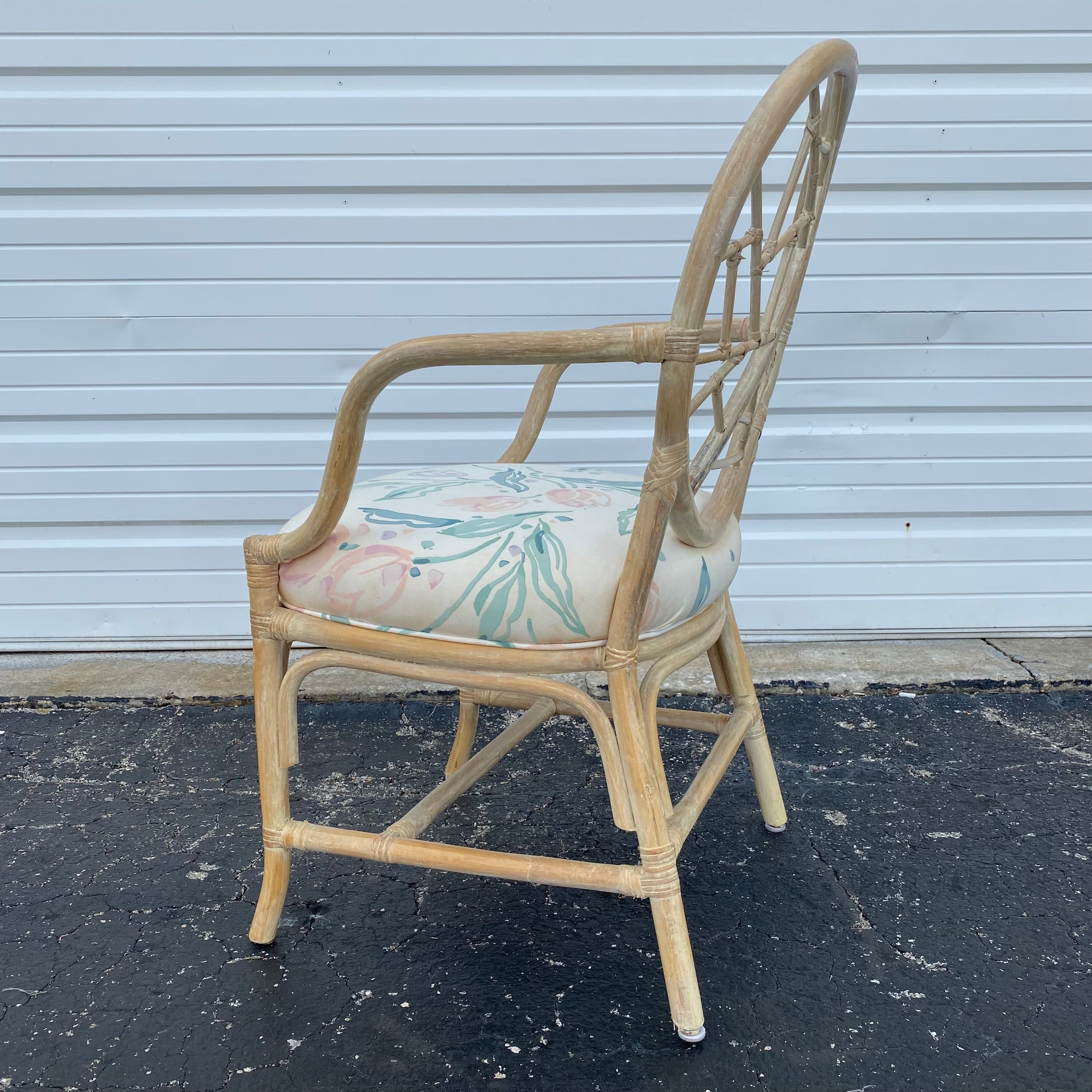 Vintage Rattan Dining Chair - One Cracked Ice McGuire Style Hollywood Regency Coastal Fretwork Armchair - Thumbnail 5