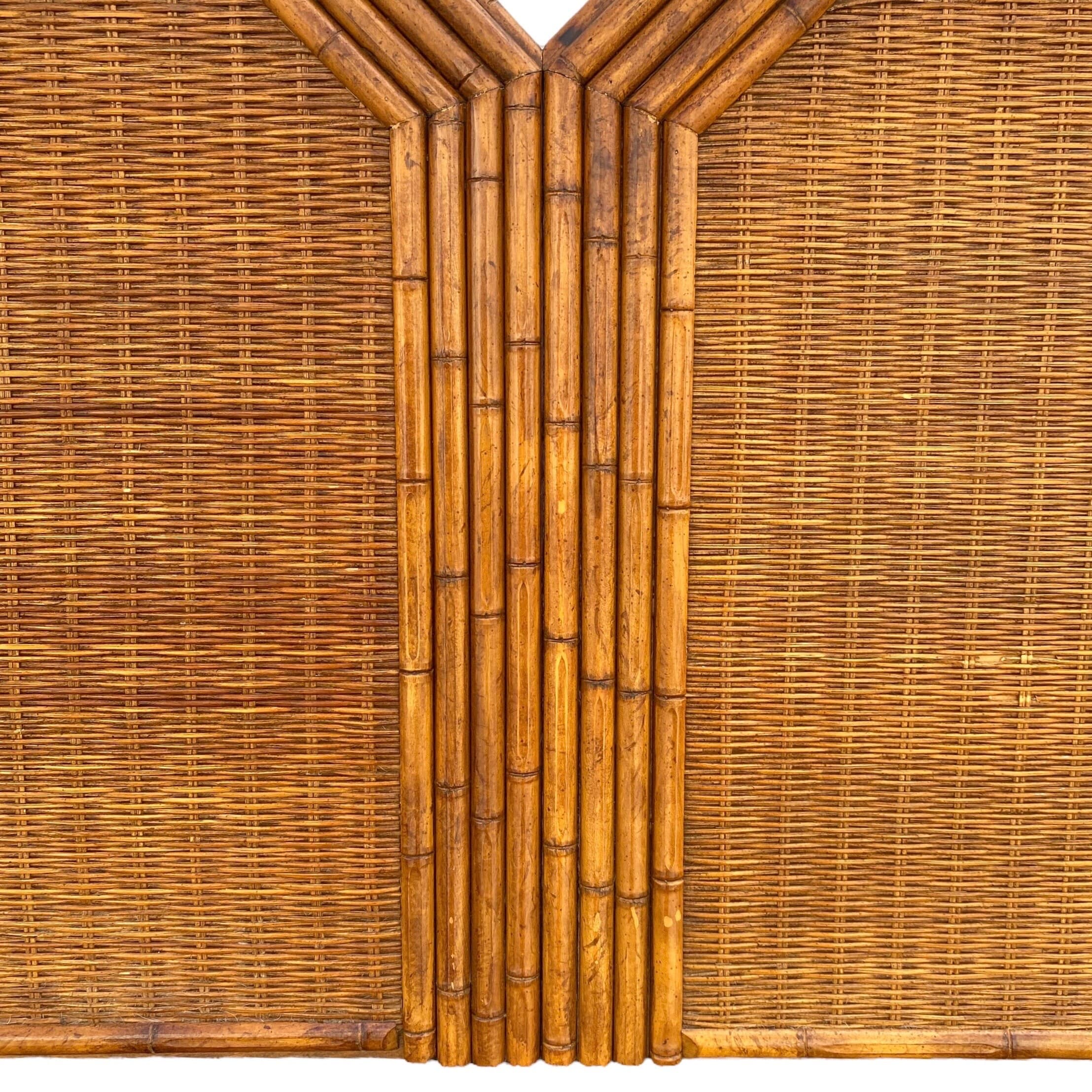 Rattan Queen Headboard by American of Martinsville - Vintage Faux Bamboo Wood and Wicker Hollywood Regency Full Coastal Palm Beach - Thumbnail 3