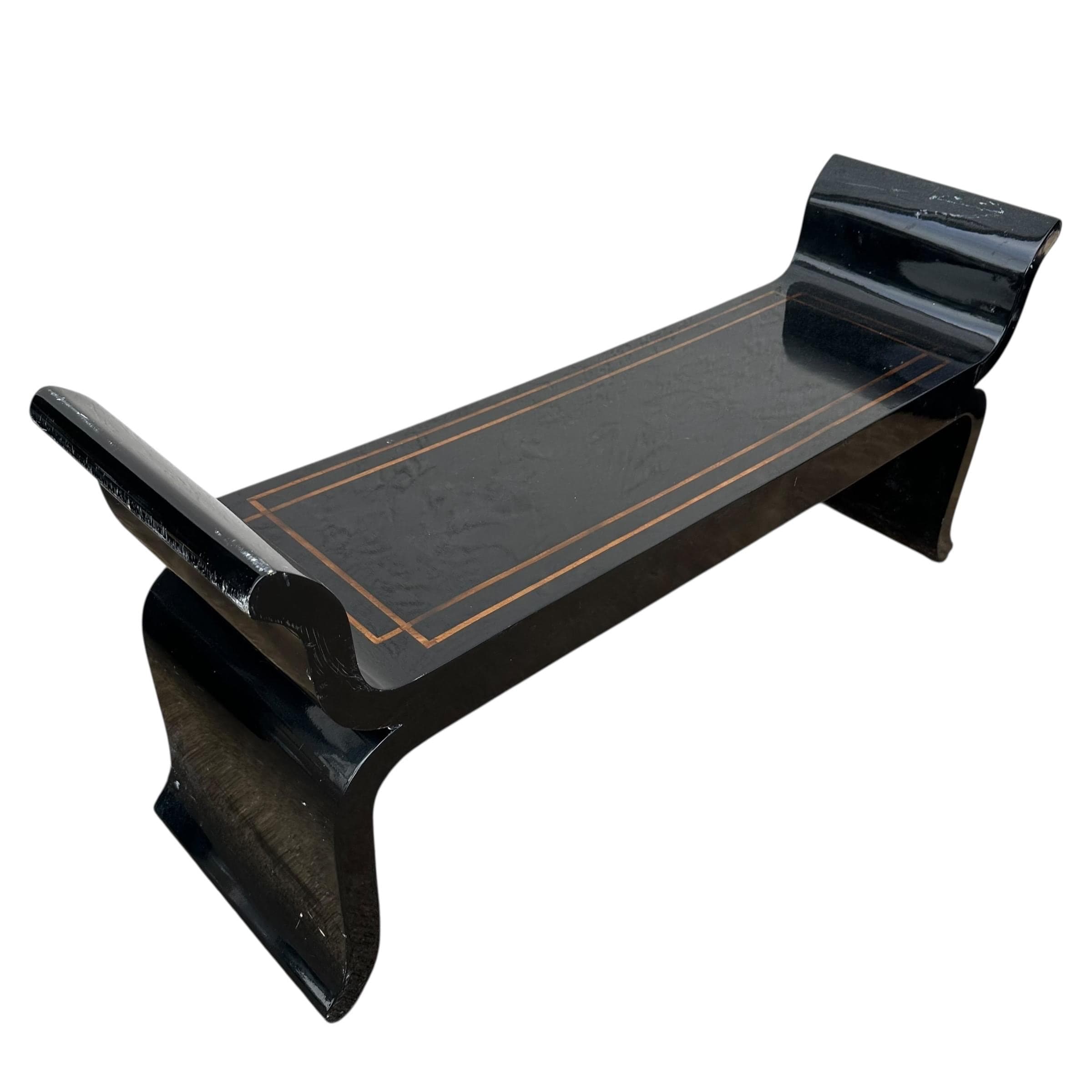 Vintage Black Pagoda Bench Project 48” - Elegant Sculptural Oriental Asian Style with Gold Inlay - Thumbnail 3