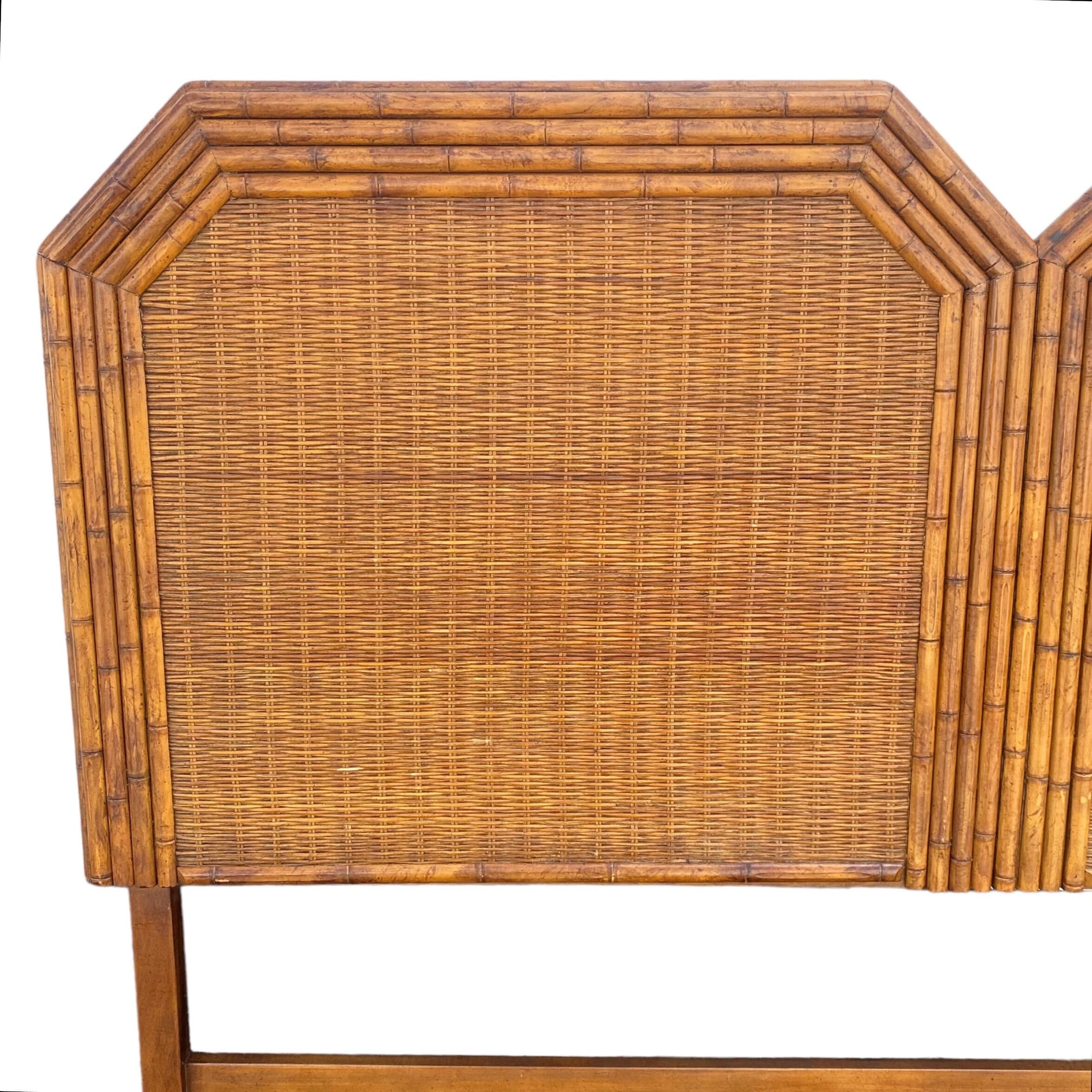 Rattan Queen Headboard by American of Martinsville - Vintage Faux Bamboo Wood and Wicker Hollywood Regency Full Coastal Palm Beach - Thumbnail 2
