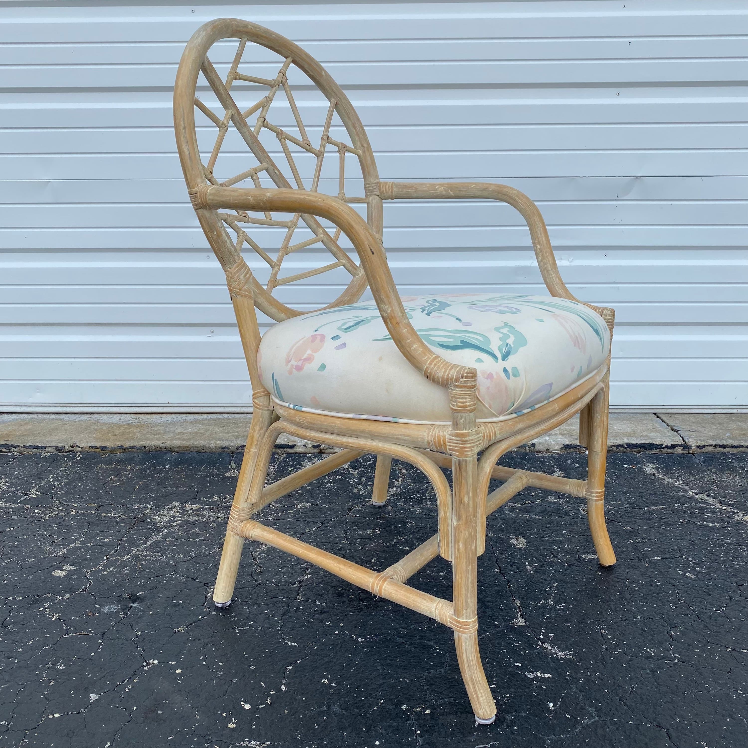 Vintage Rattan Dining Chair - One Cracked Ice McGuire Style Hollywood Regency Coastal Fretwork Armchair - Thumbnail 6
