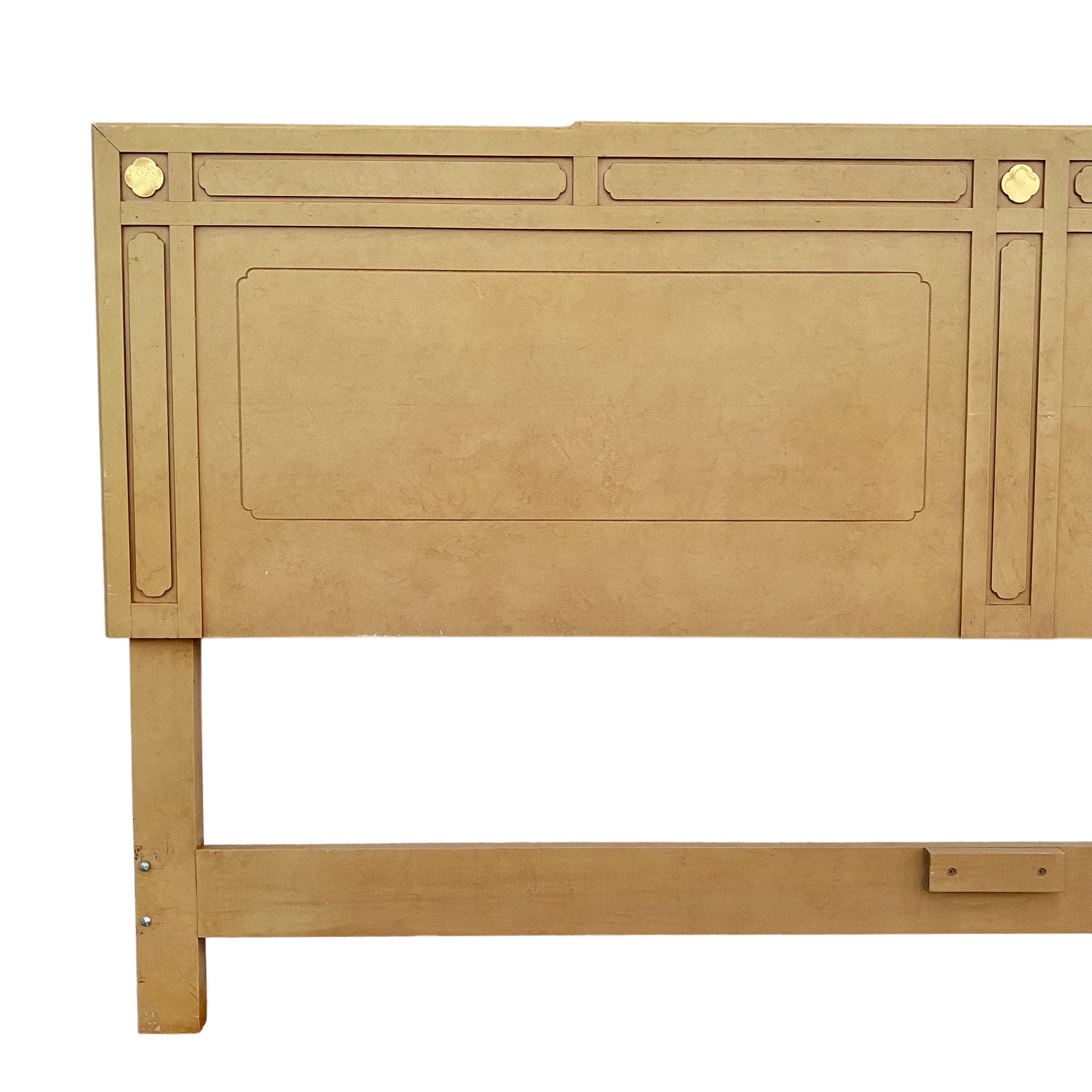 Vintage Chinoiserie King Headboard in Tan and Gold Brass Details - Asian Style Bedroom Furniture - Thumbnail 2