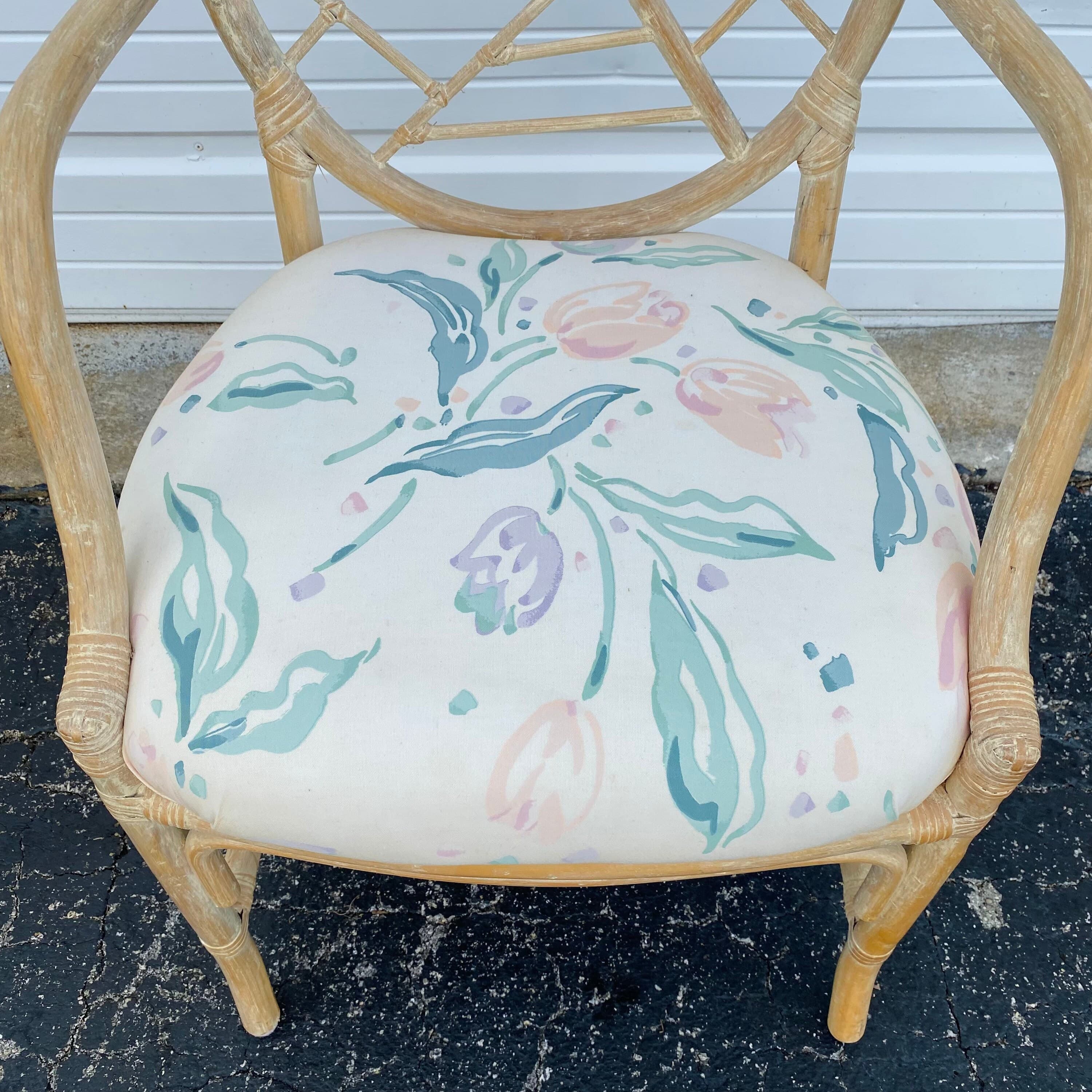 Vintage Rattan Dining Chair - One Cracked Ice McGuire Style Hollywood Regency Coastal Fretwork Armchair - Thumbnail 3