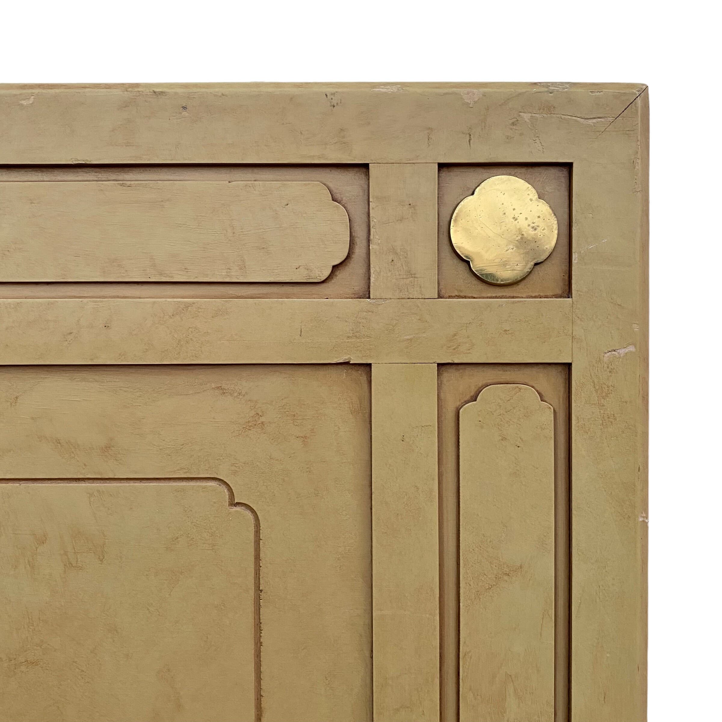 Vintage Chinoiserie King Headboard in Tan and Gold Brass Details - Asian Style Bedroom Furniture - Thumbnail 6