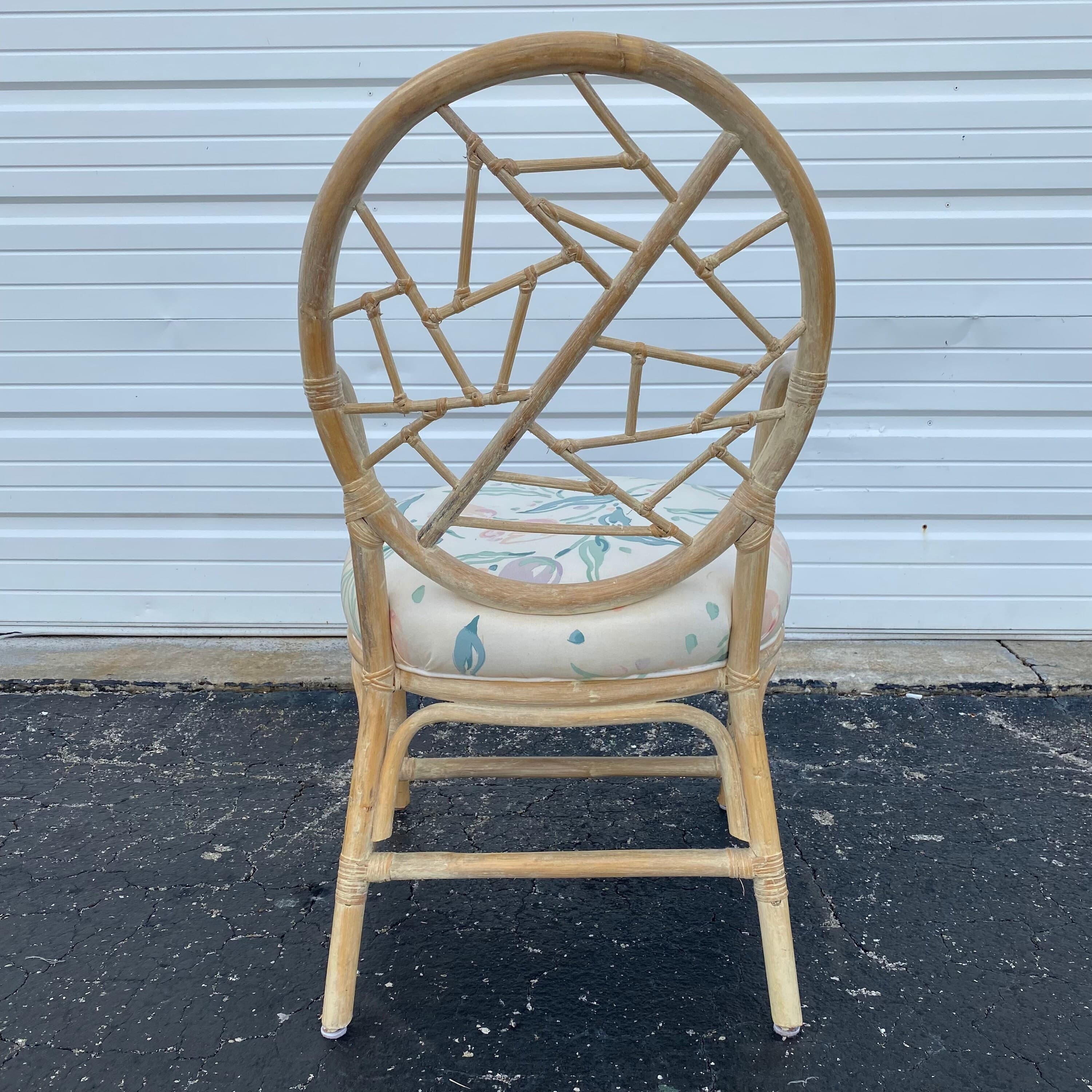 Vintage Rattan Dining Chair - One Cracked Ice McGuire Style Hollywood Regency Coastal Fretwork Armchair - Thumbnail 7