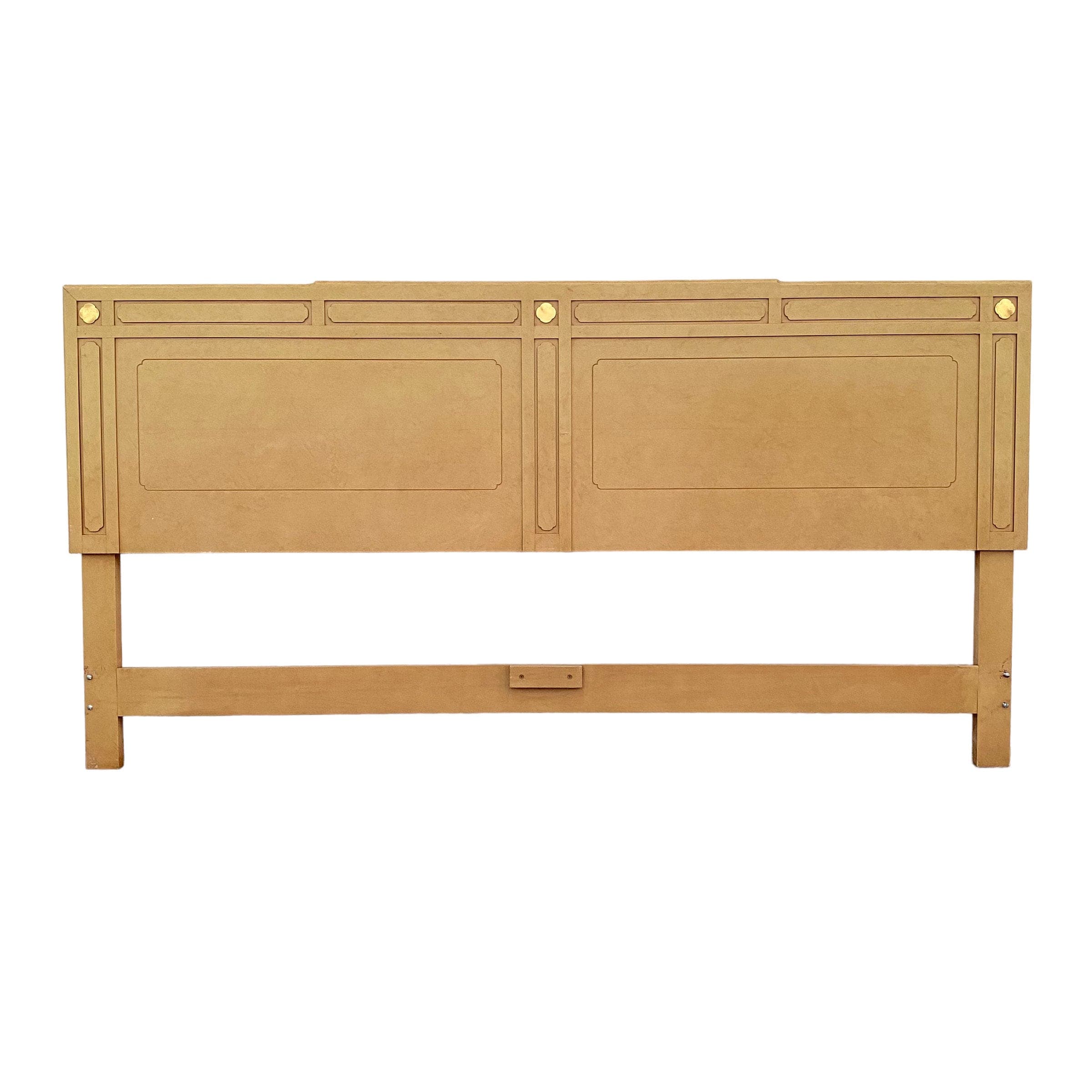 Vintage Chinoiserie King Headboard in Tan and Gold Brass Details - Asian Style Bedroom Furniture - Thumbnail 9