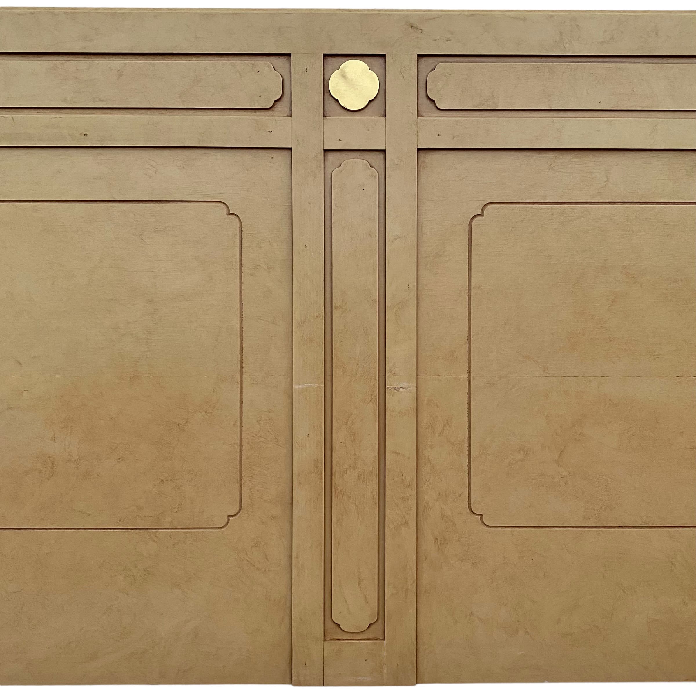 Vintage Chinoiserie King Headboard in Tan and Gold Brass Details - Asian Style Bedroom Furniture - Thumbnail 5