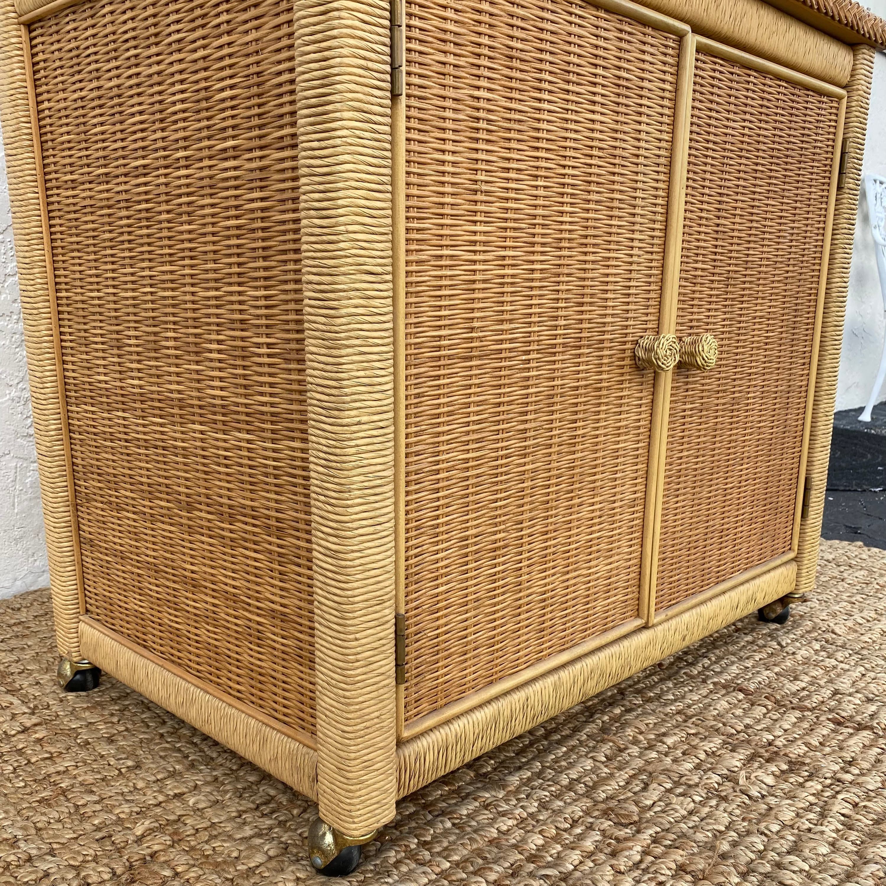 Vintage Henry Link Wicker Server Cabinet with Woven Rattan & Casters - Coastal Boho Chic Rolling Bar Cart - Thumbnail 6