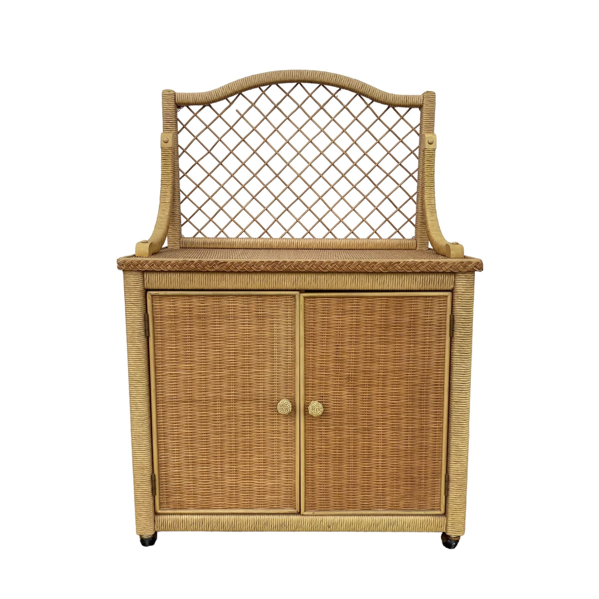 Vintage Henry Link Wicker Server Cabinet with Woven Rattan & Casters - Coastal Boho Chic Rolling Bar Cart - Image 1