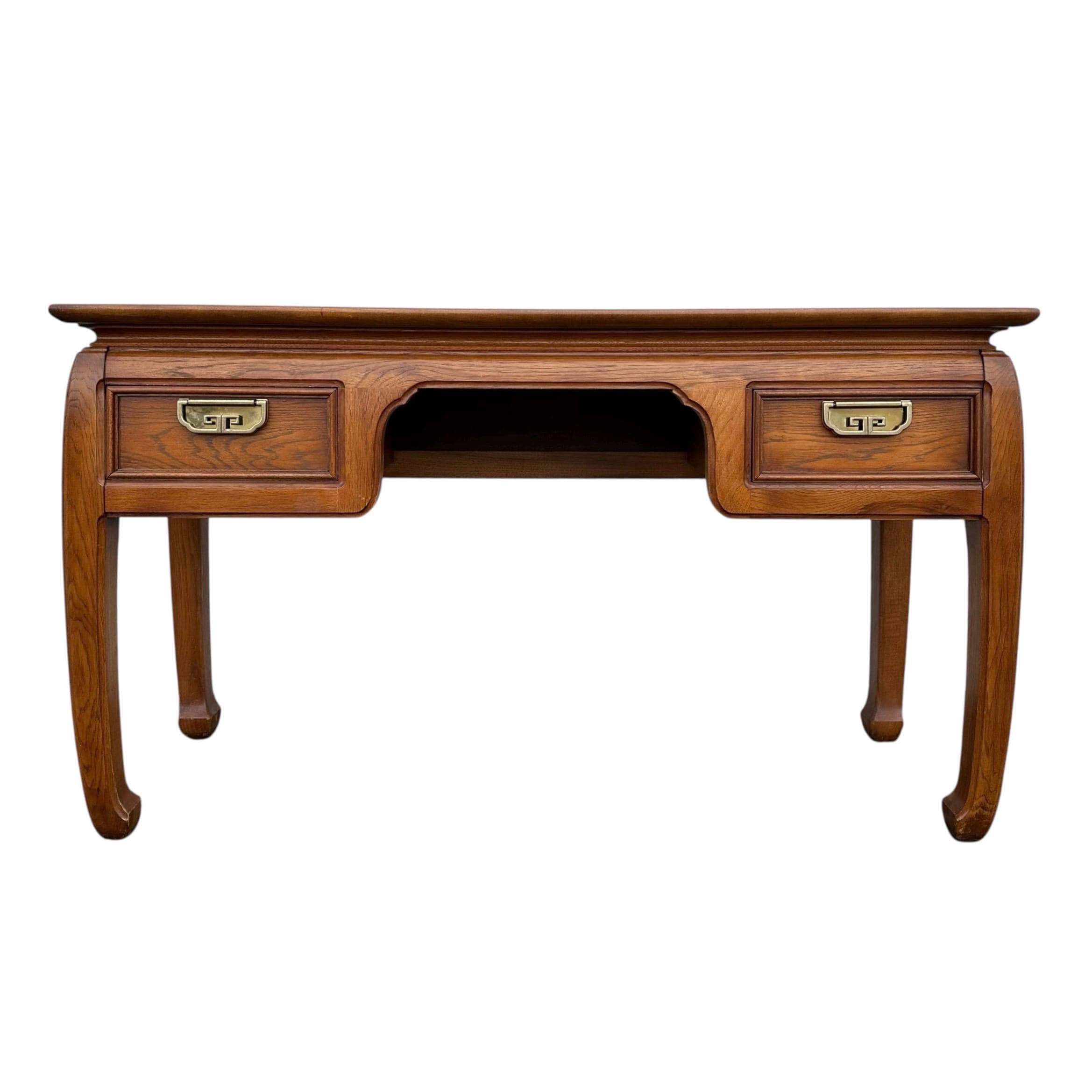 Chinoiserie Vanity Table by Thomasville Mystique - Vintage Pecan Burl Wood & Brass Asian Hollywood Regency Style 2 Drawer Desk - Image 1