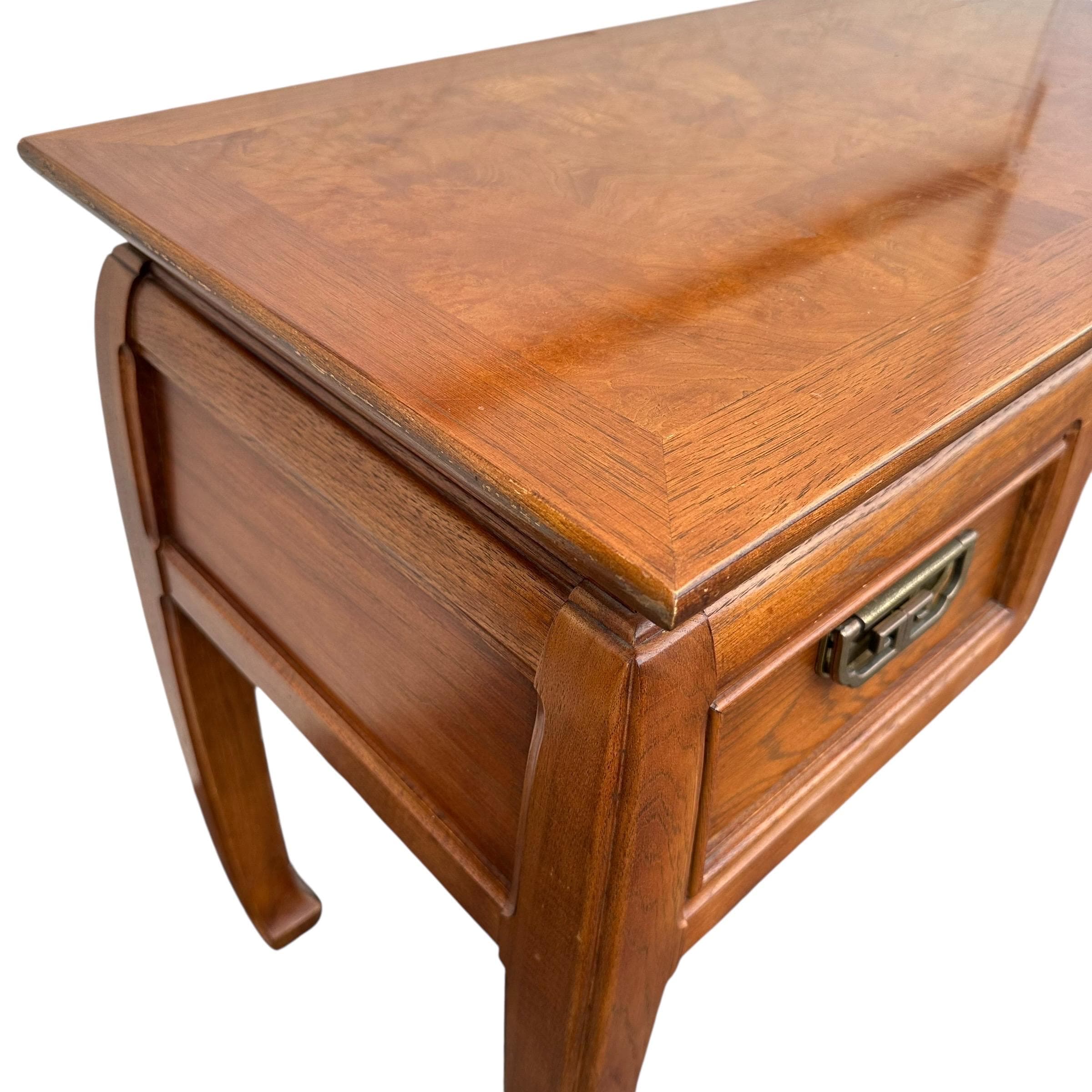 Chinoiserie Vanity Table by Thomasville Mystique - Vintage Pecan Burl Wood & Brass Asian Hollywood Regency Style 2 Drawer Desk - Thumbnail 4