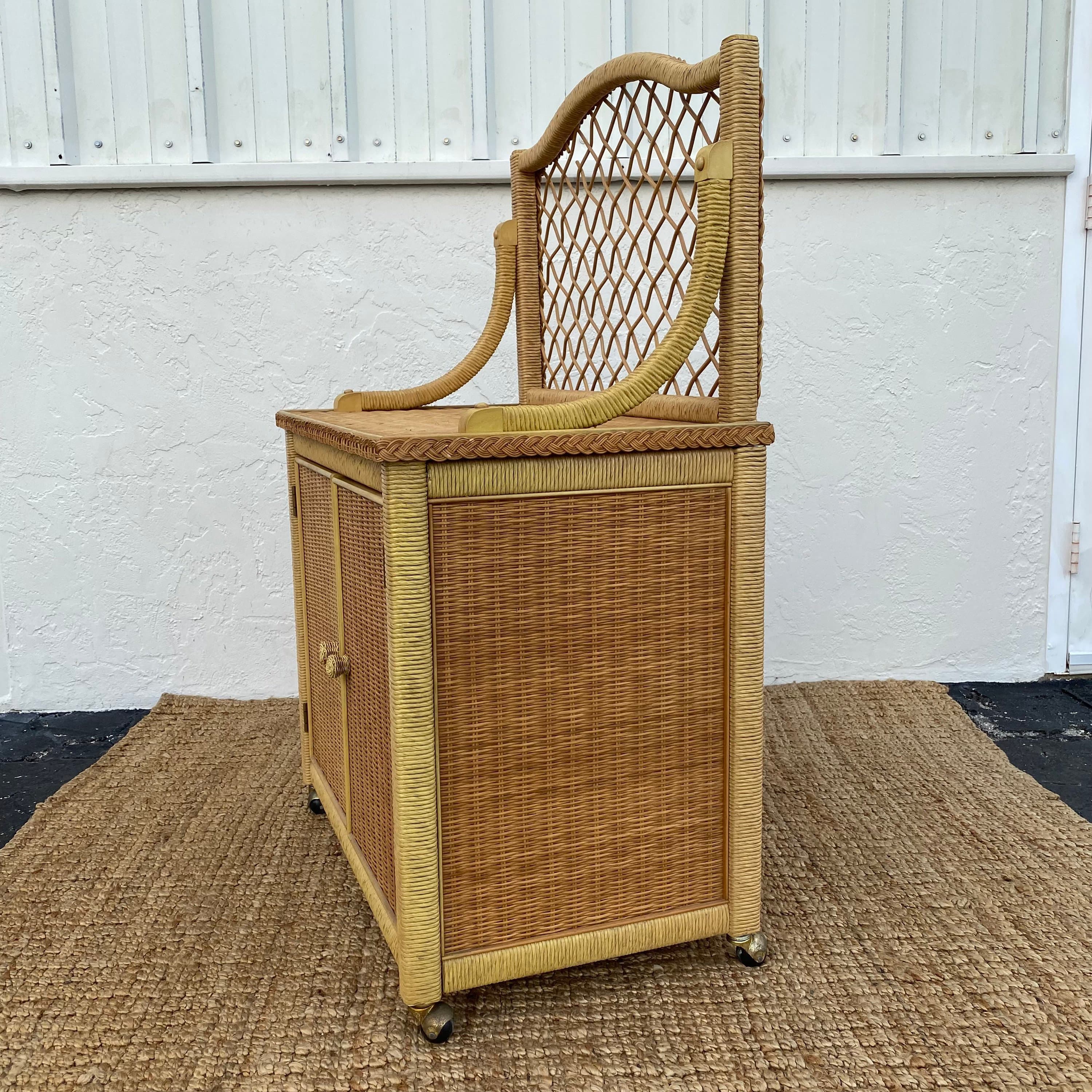 Vintage Henry Link Wicker Server Cabinet with Woven Rattan & Casters - Coastal Boho Chic Rolling Bar Cart - Thumbnail 10