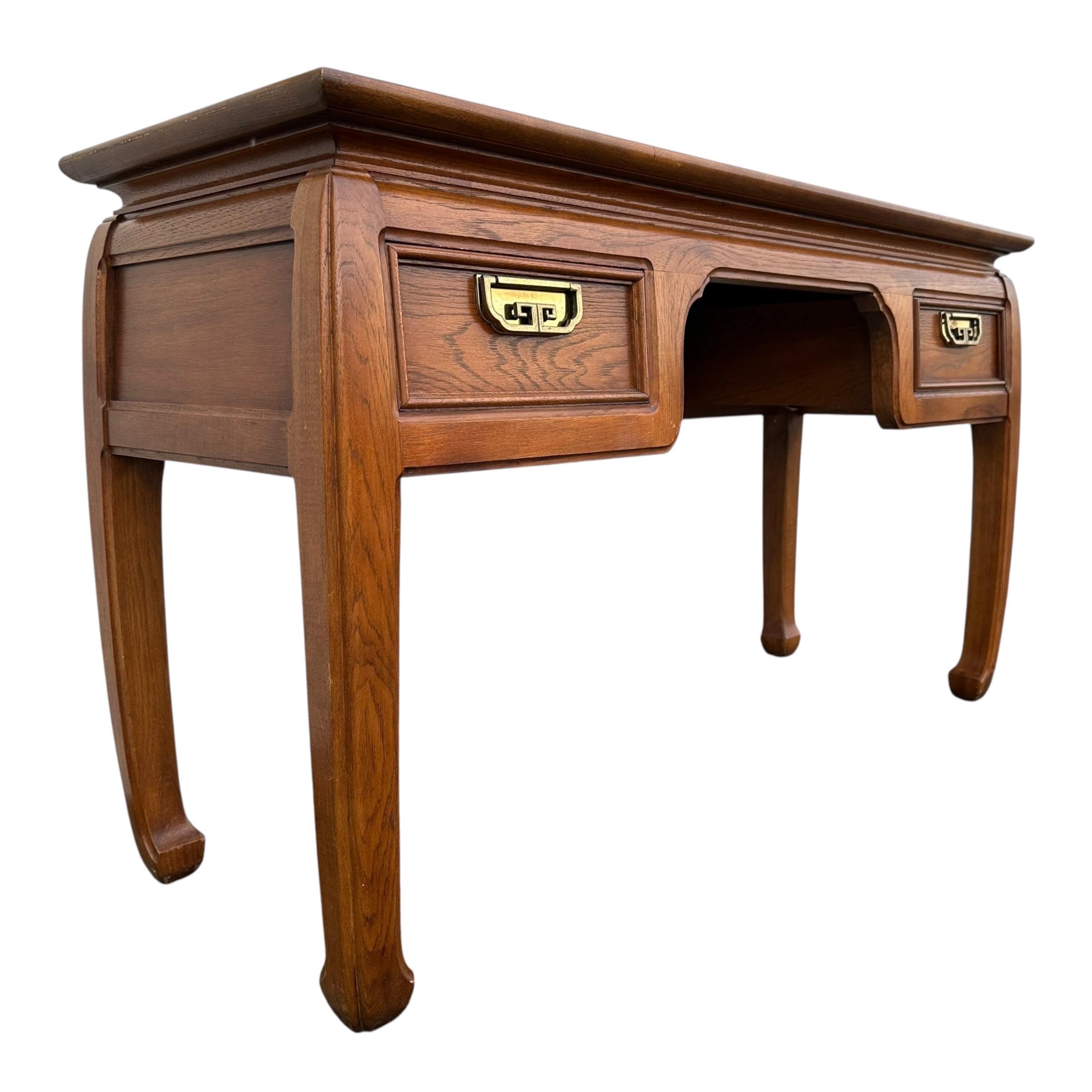 Chinoiserie Vanity Table by Thomasville Mystique - Vintage Pecan Burl Wood & Brass Asian Hollywood Regency Style 2 Drawer Desk - Thumbnail 10