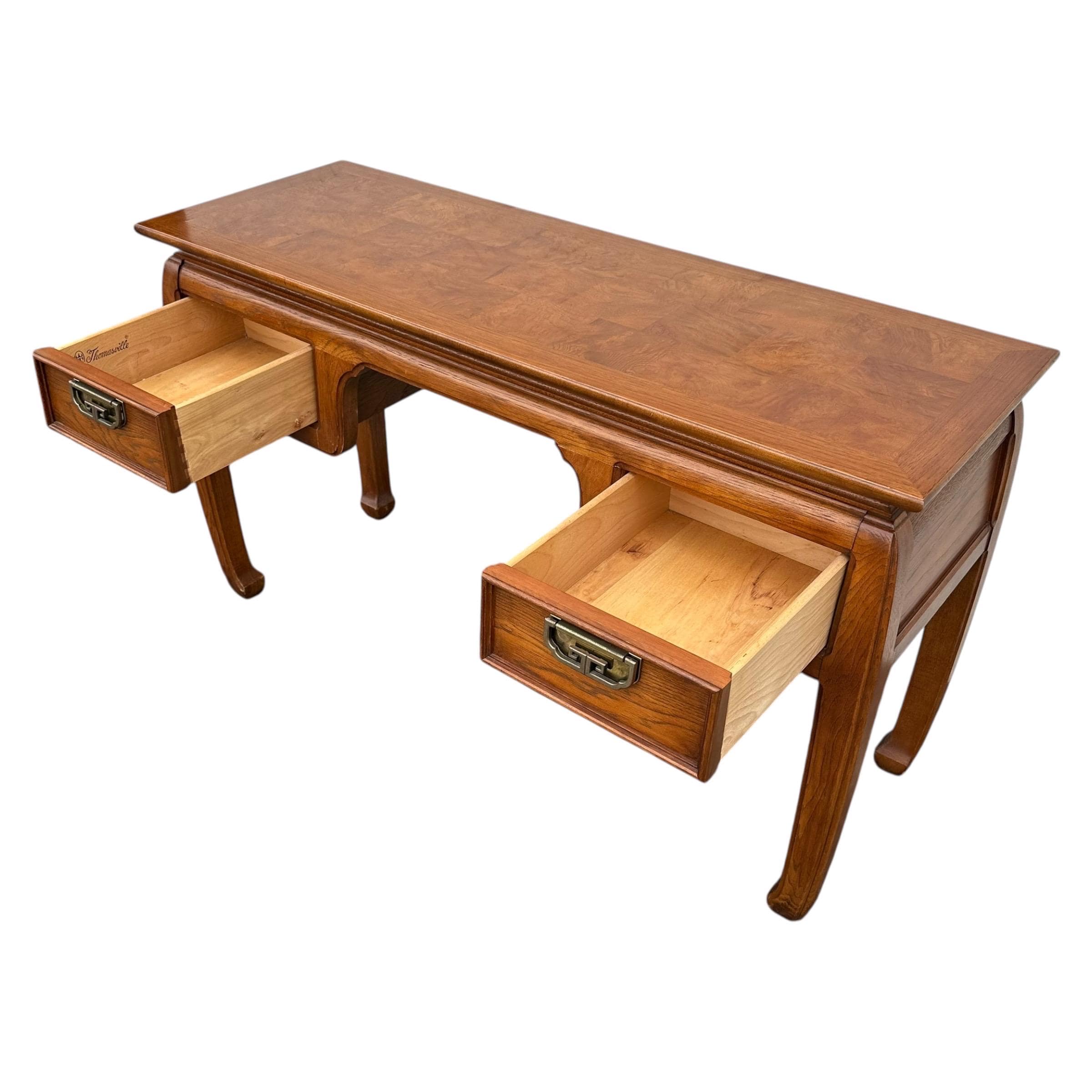 Chinoiserie Vanity Table by Thomasville Mystique - Vintage Pecan Burl Wood & Brass Asian Hollywood Regency Style 2 Drawer Desk - Thumbnail 3