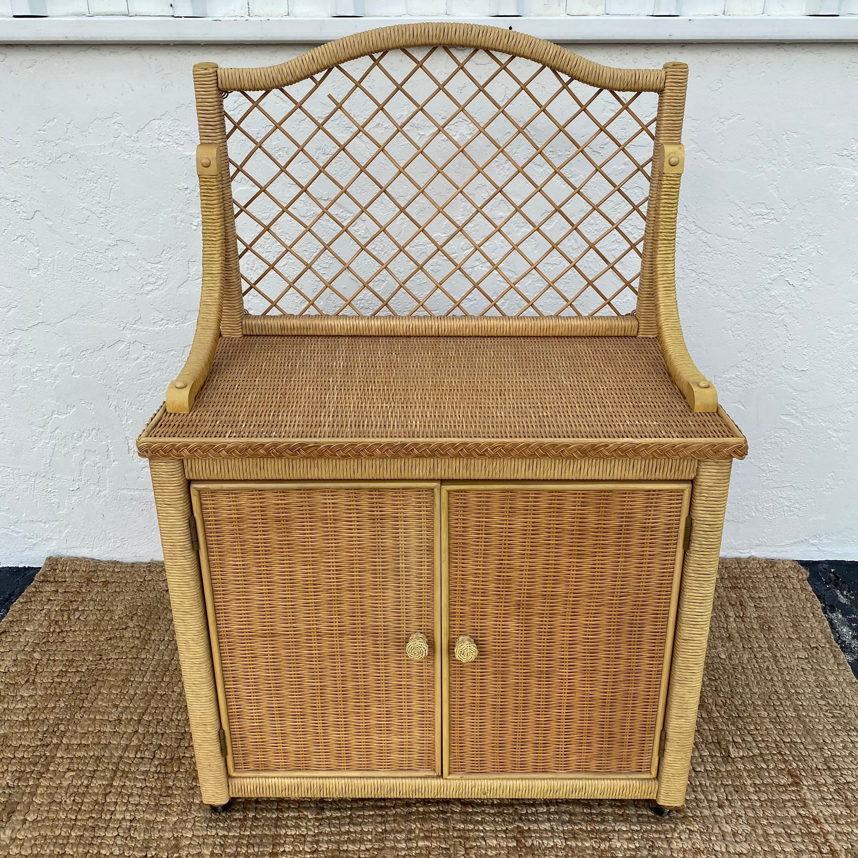 Vintage Henry Link Wicker Server Cabinet with Woven Rattan & Casters - Coastal Boho Chic Rolling Bar Cart - Thumbnail 2