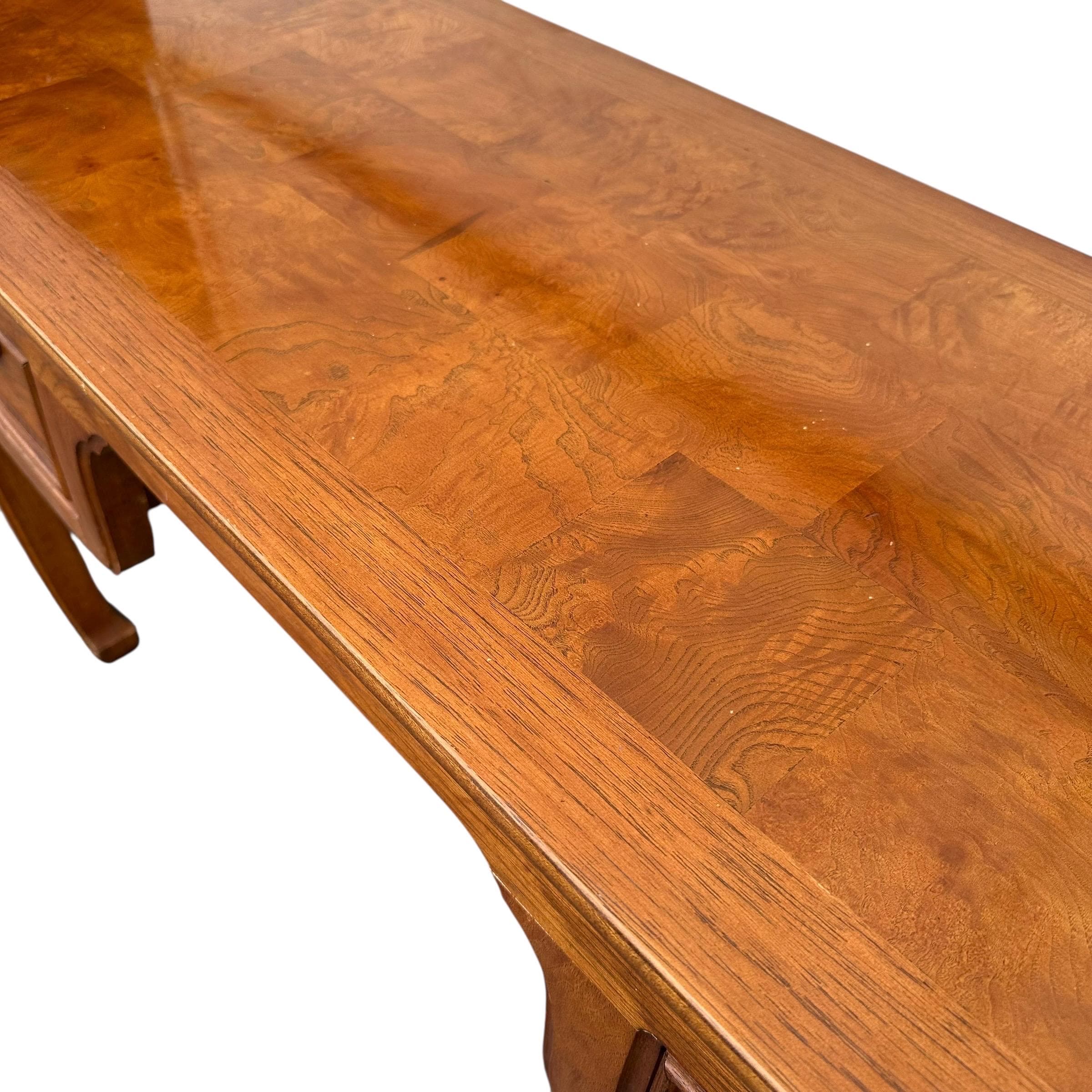 Chinoiserie Vanity Table by Thomasville Mystique - Vintage Pecan Burl Wood & Brass Asian Hollywood Regency Style 2 Drawer Desk - Thumbnail 5