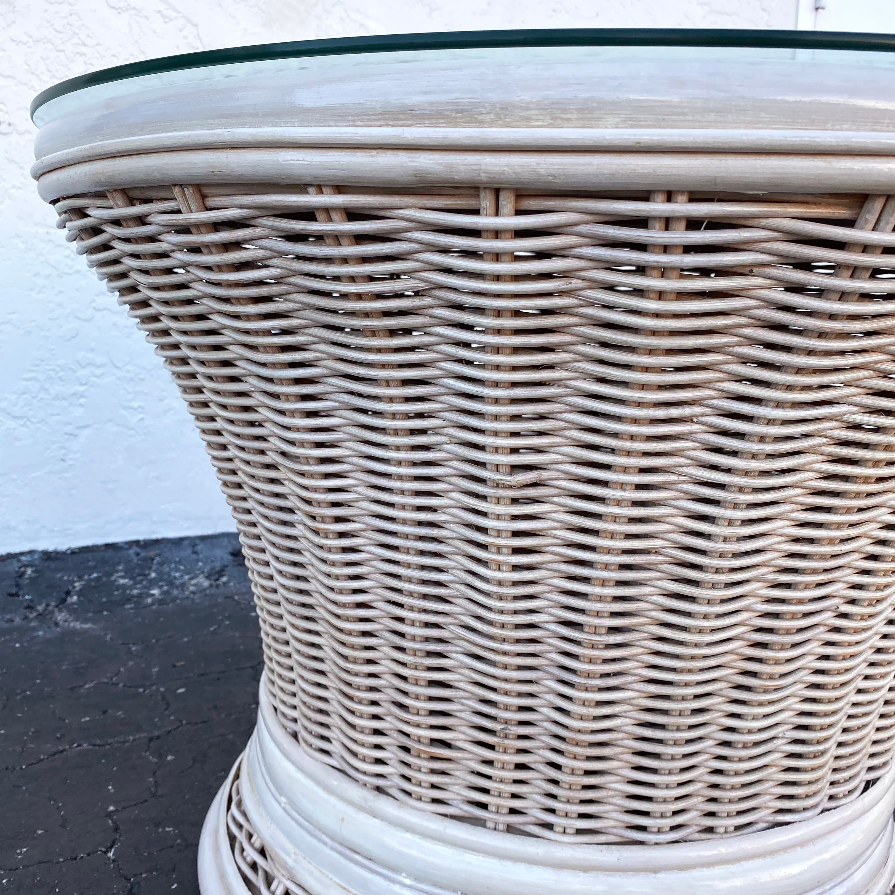 Round Rattan End Table with Glass Top 30W 21H - Vintage White Wash Pedestal Wicker Base Side or Accent Table Coastal Boho Chic Furniture - Thumbnail 2