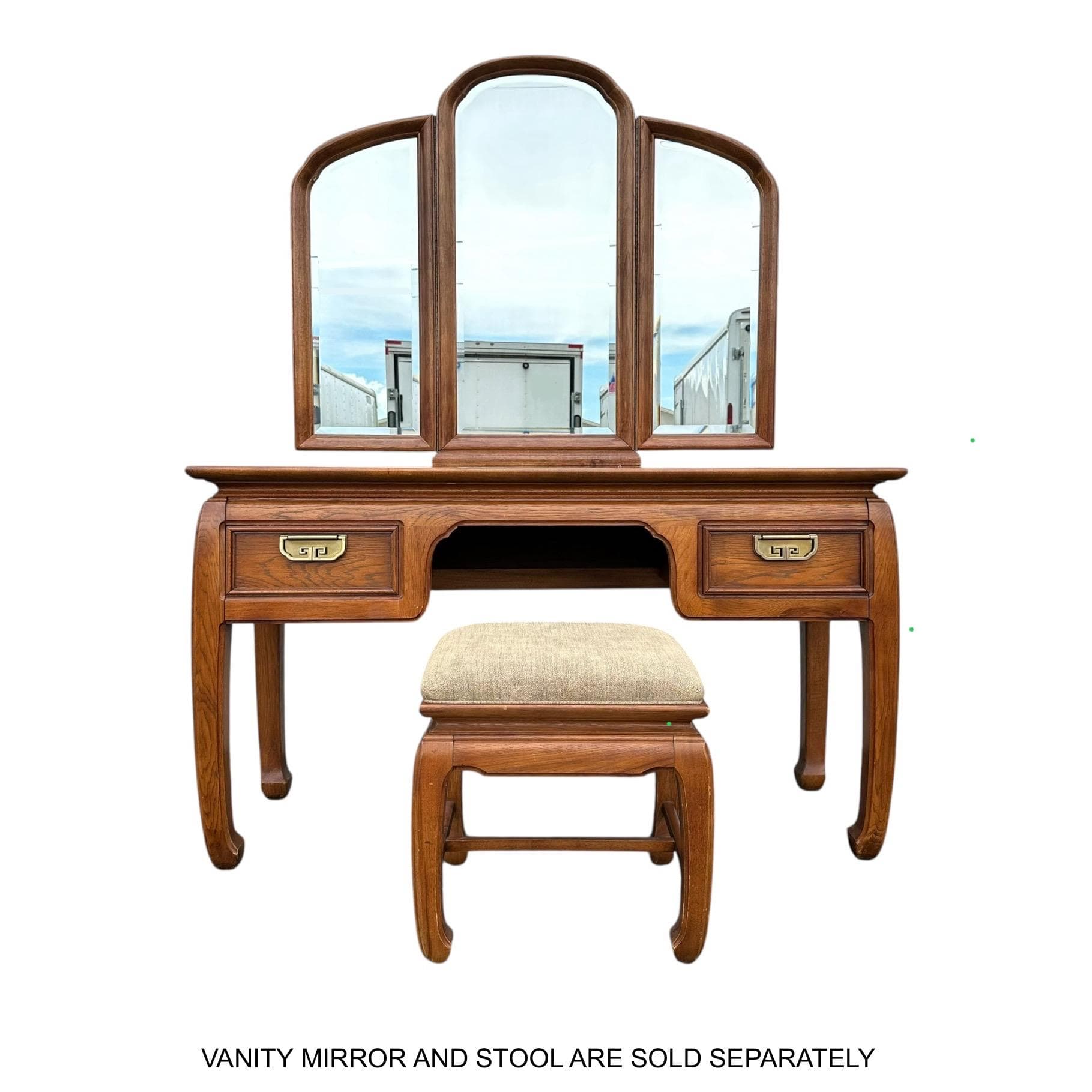 Chinoiserie Vanity Table by Thomasville Mystique - Vintage Pecan Burl Wood & Brass Asian Hollywood Regency Style 2 Drawer Desk - Thumbnail 11