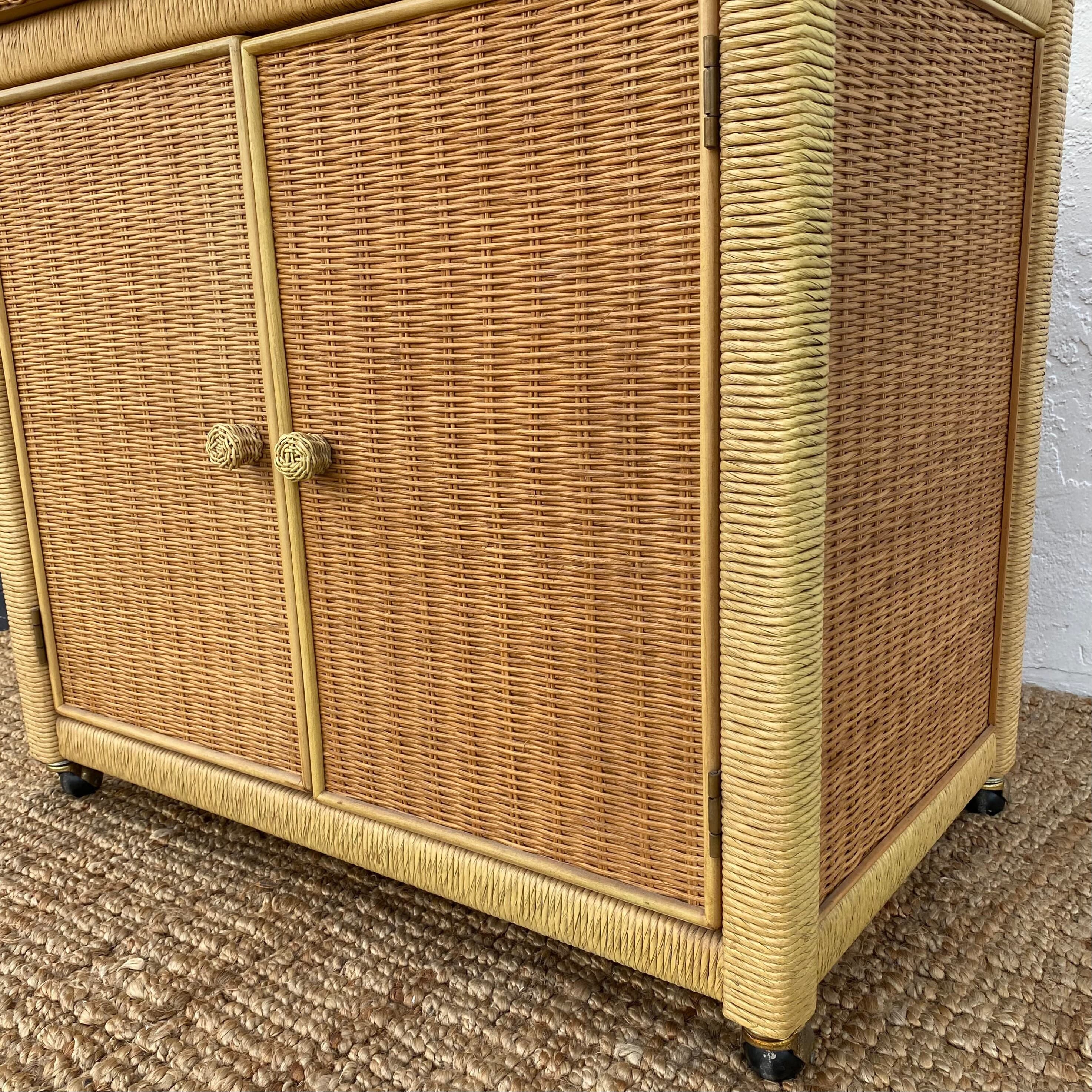 Vintage Henry Link Wicker Server Cabinet with Woven Rattan & Casters - Coastal Boho Chic Rolling Bar Cart - Thumbnail 7