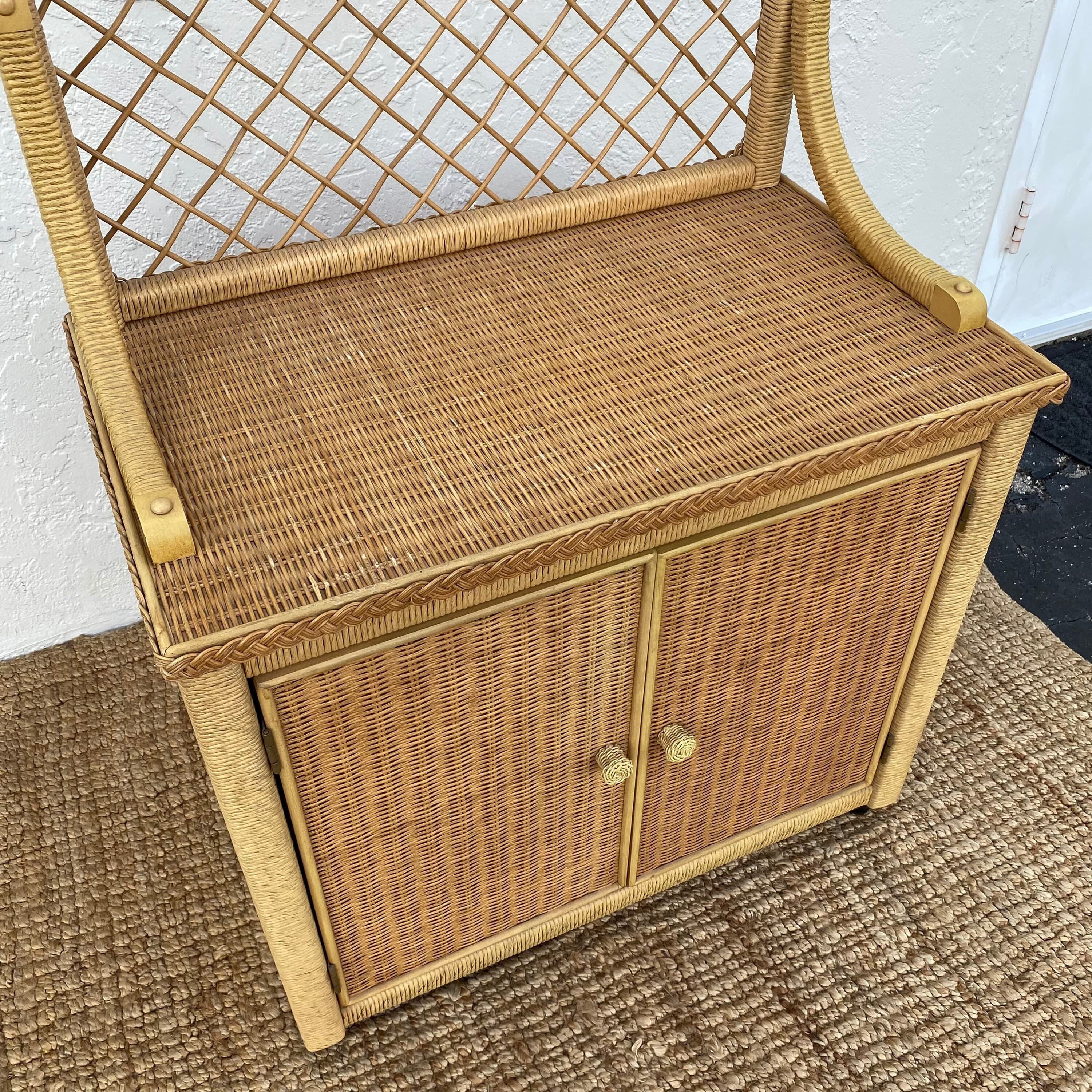 Vintage Henry Link Wicker Server Cabinet with Woven Rattan & Casters - Coastal Boho Chic Rolling Bar Cart - Thumbnail 4