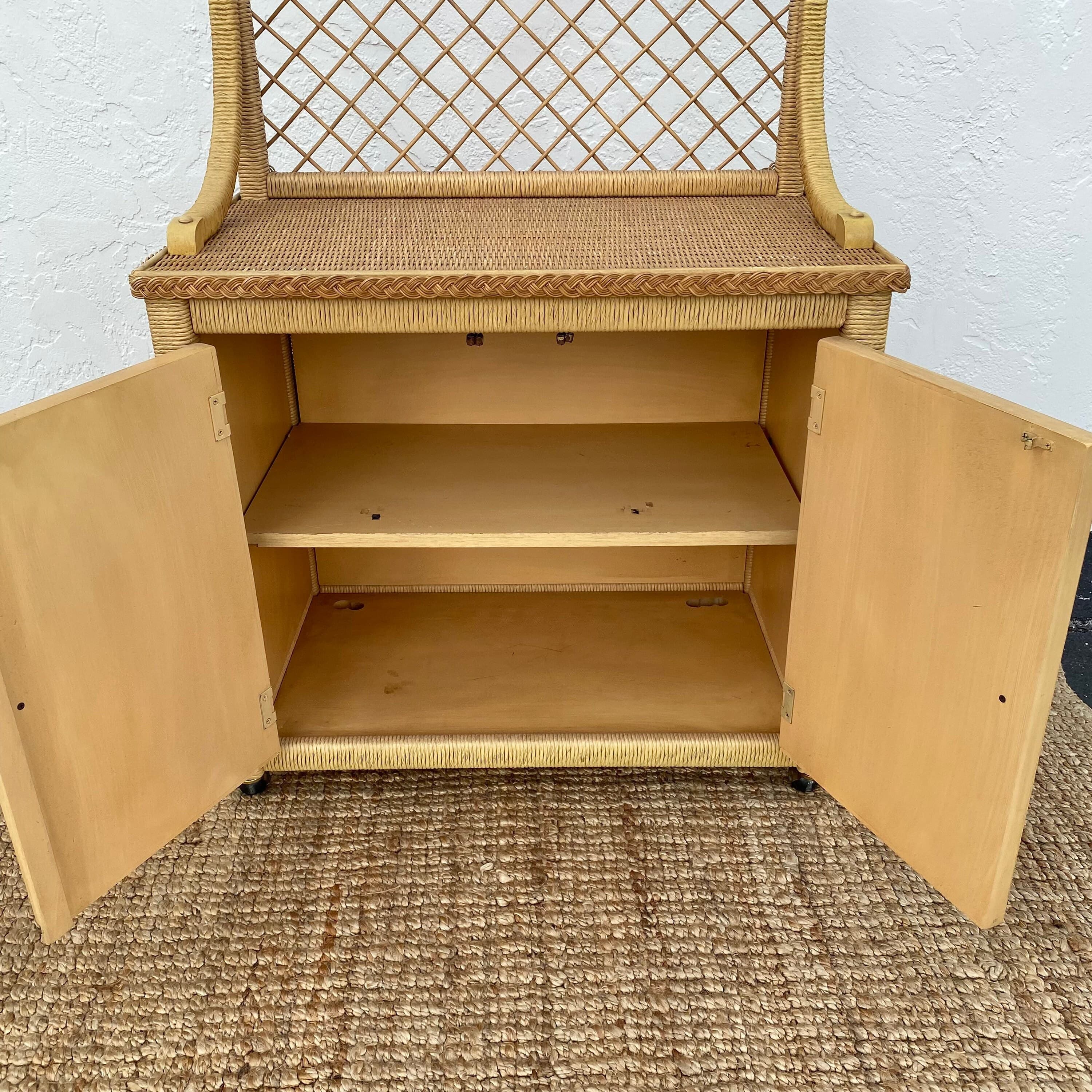 Vintage Henry Link Wicker Server Cabinet with Woven Rattan & Casters - Coastal Boho Chic Rolling Bar Cart - Thumbnail 8