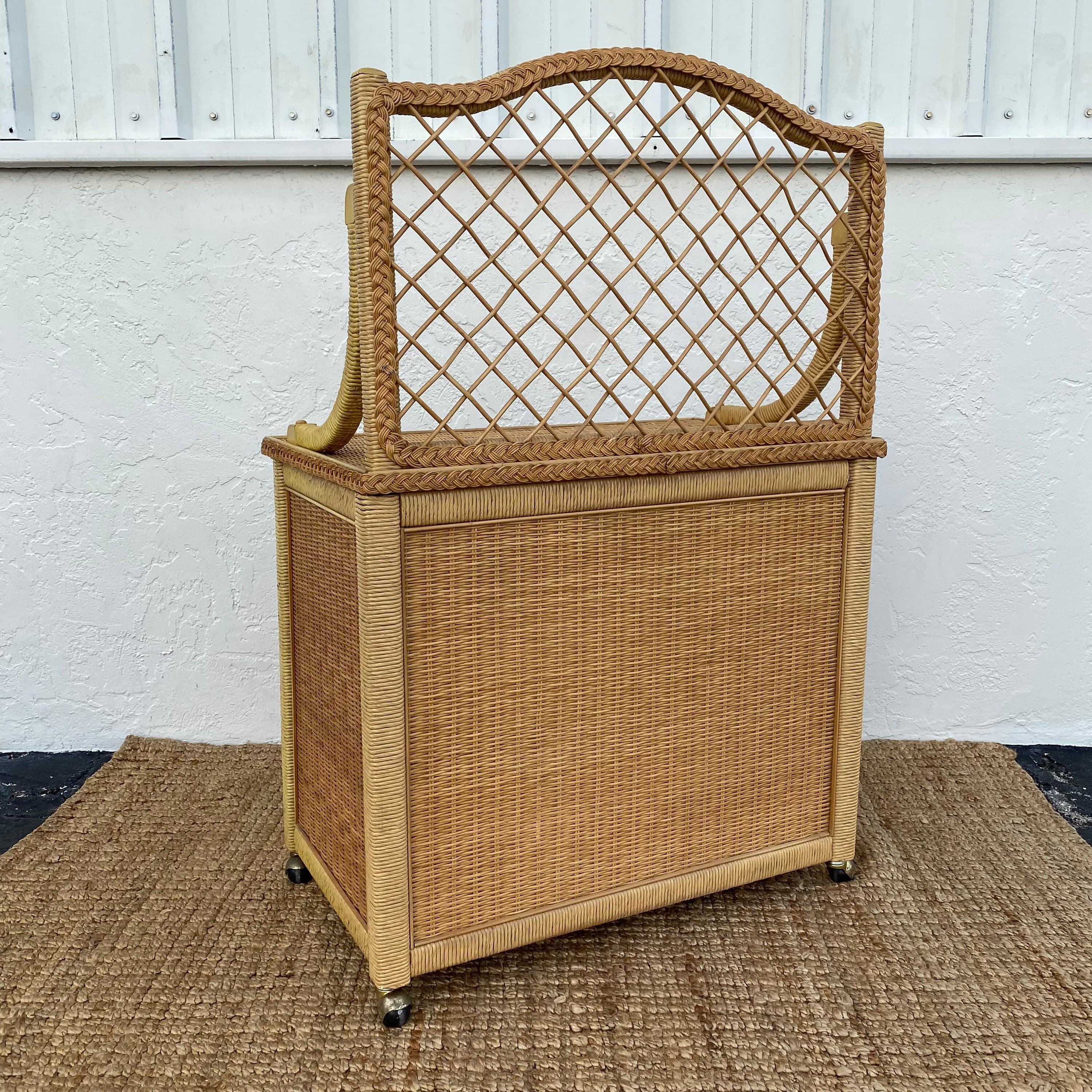 Vintage Henry Link Wicker Server Cabinet with Woven Rattan & Casters - Coastal Boho Chic Rolling Bar Cart - Thumbnail 9