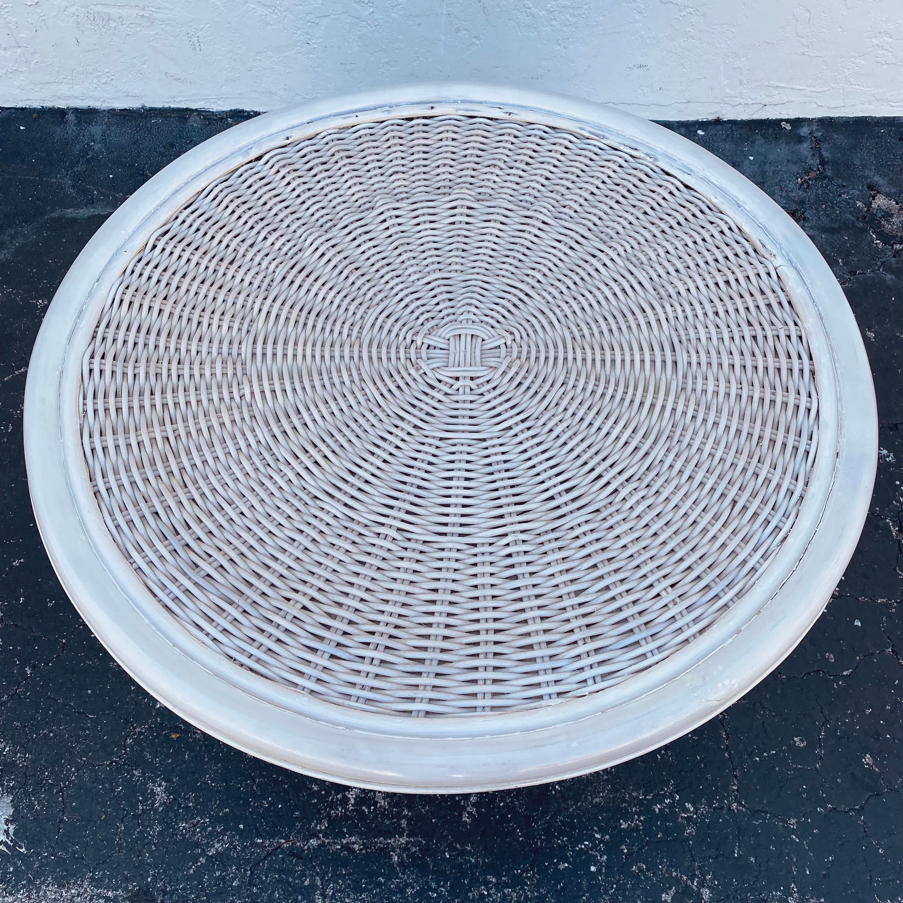 Round Rattan End Table with Glass Top 30W 21H - Vintage White Wash Pedestal Wicker Base Side or Accent Table Coastal Boho Chic Furniture - Thumbnail 6